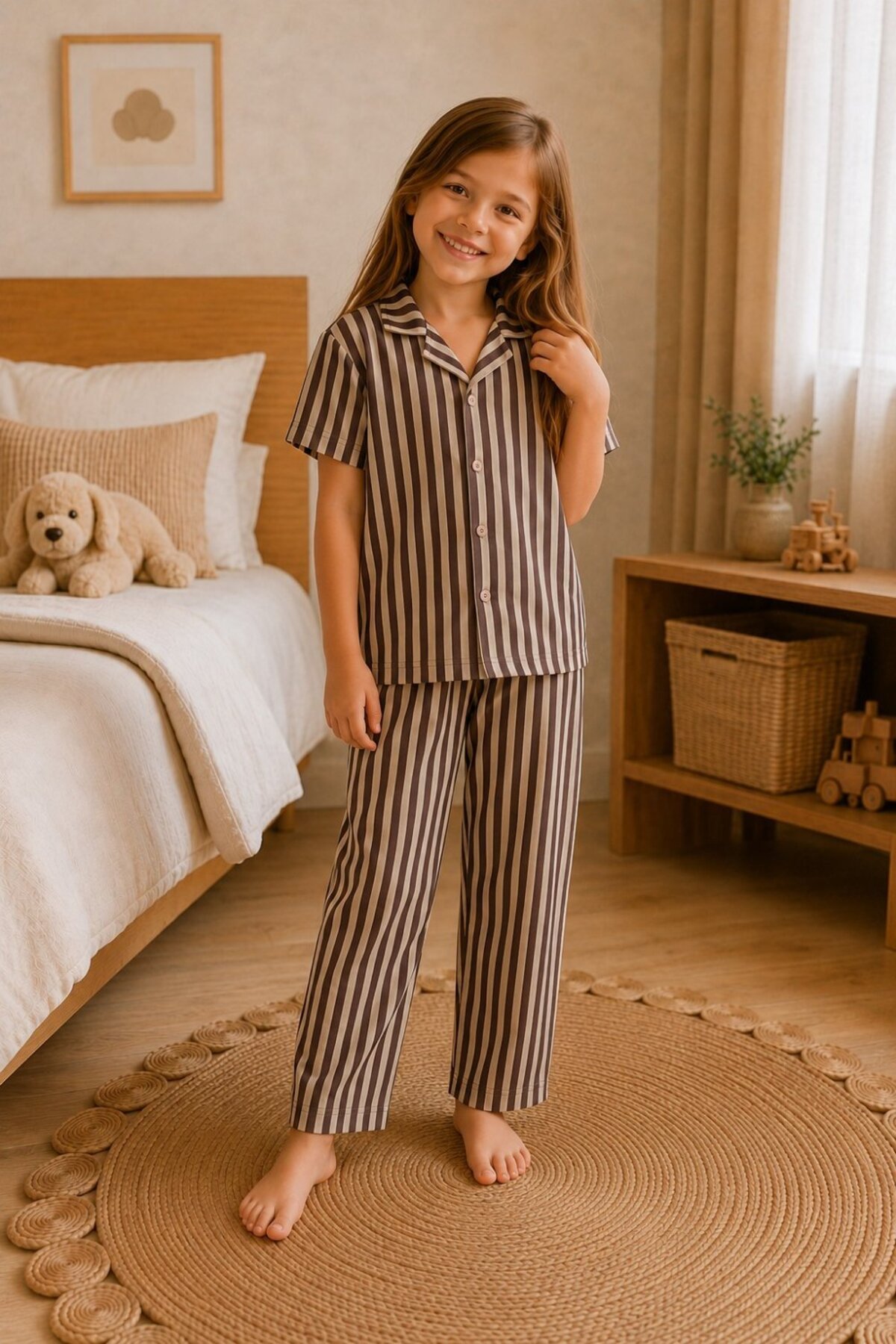 Kız Çocuk Çizgili Gecelik Kahve Pijama Takımı 4