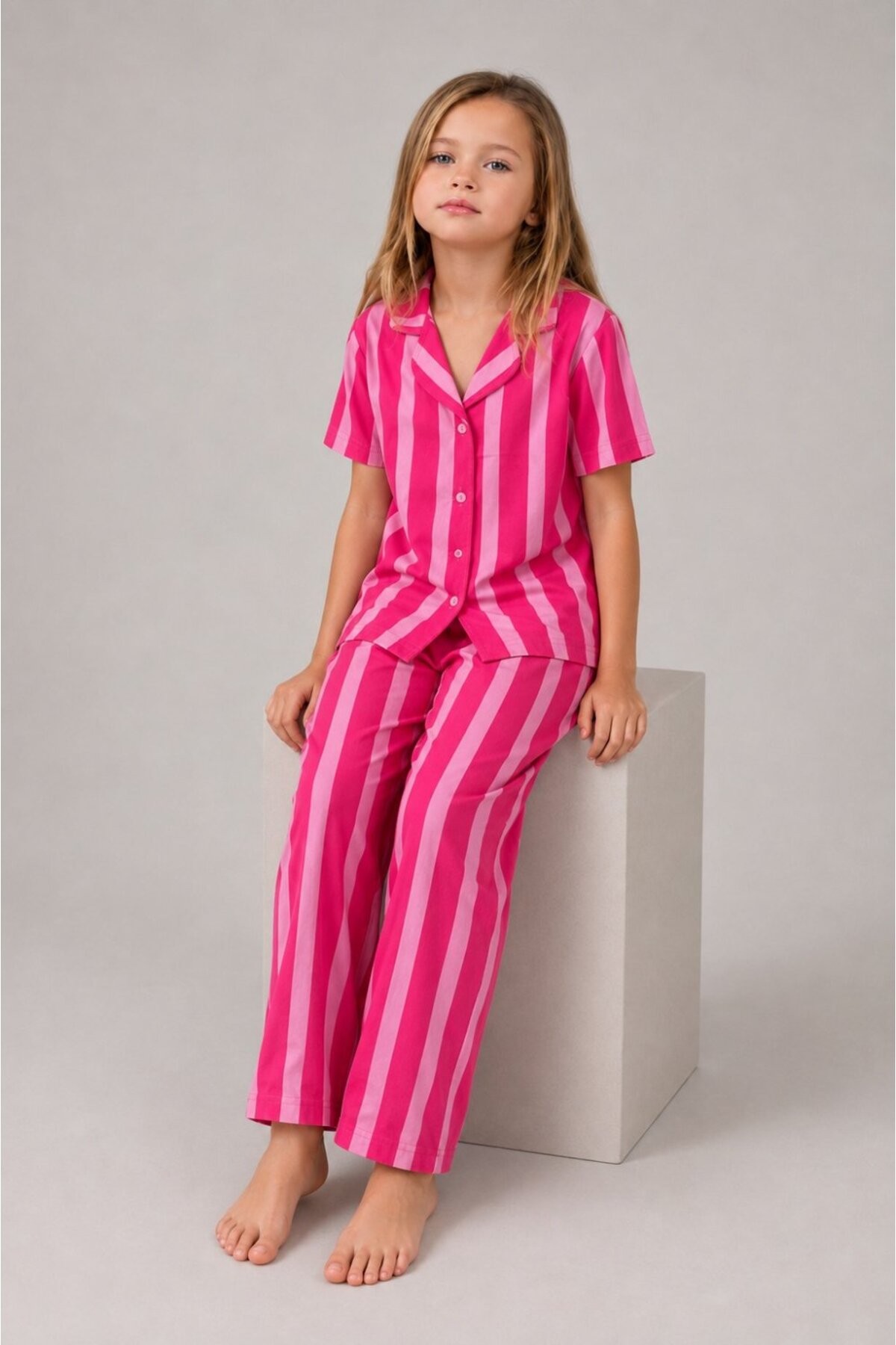 Kız Çocuk Çizgili Gecelik Pembe Pijama Takımı 5