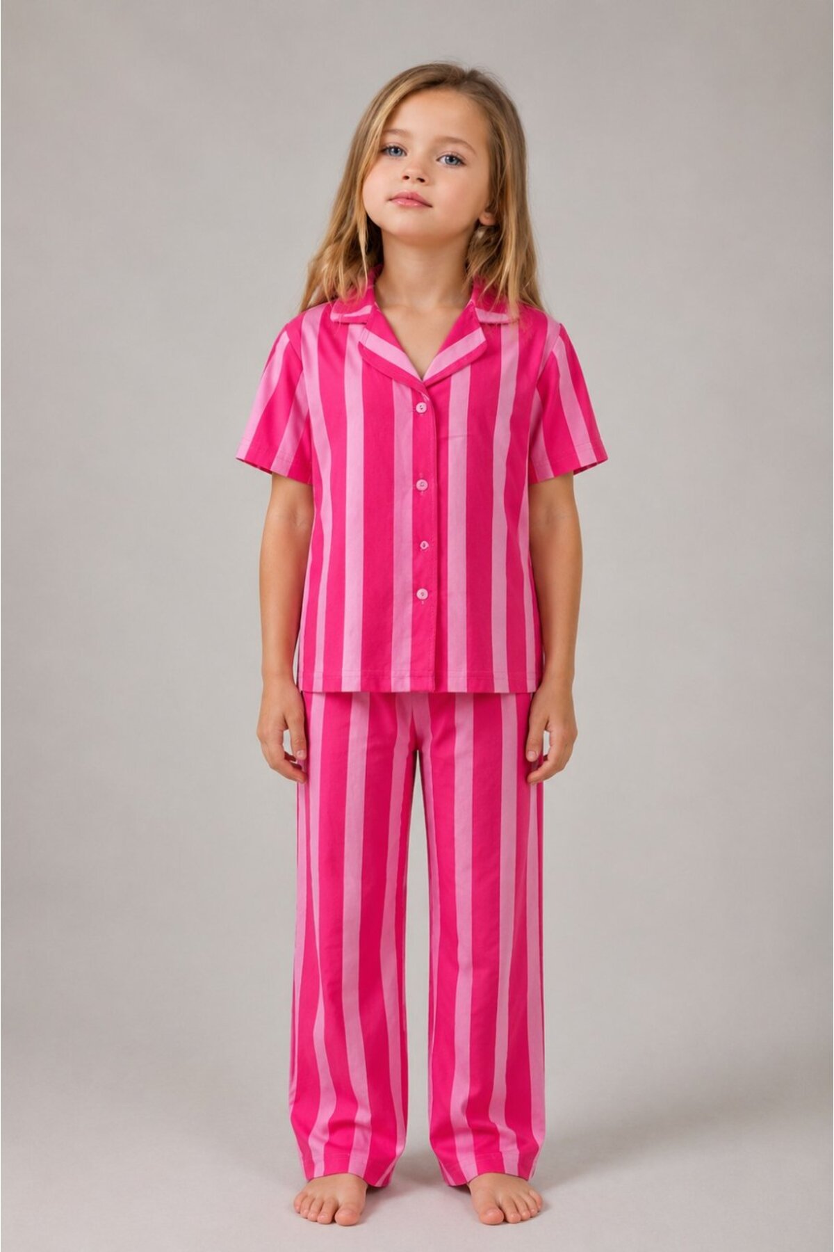 Kız Çocuk Çizgili Gecelik Pembe Pijama Takımı 4