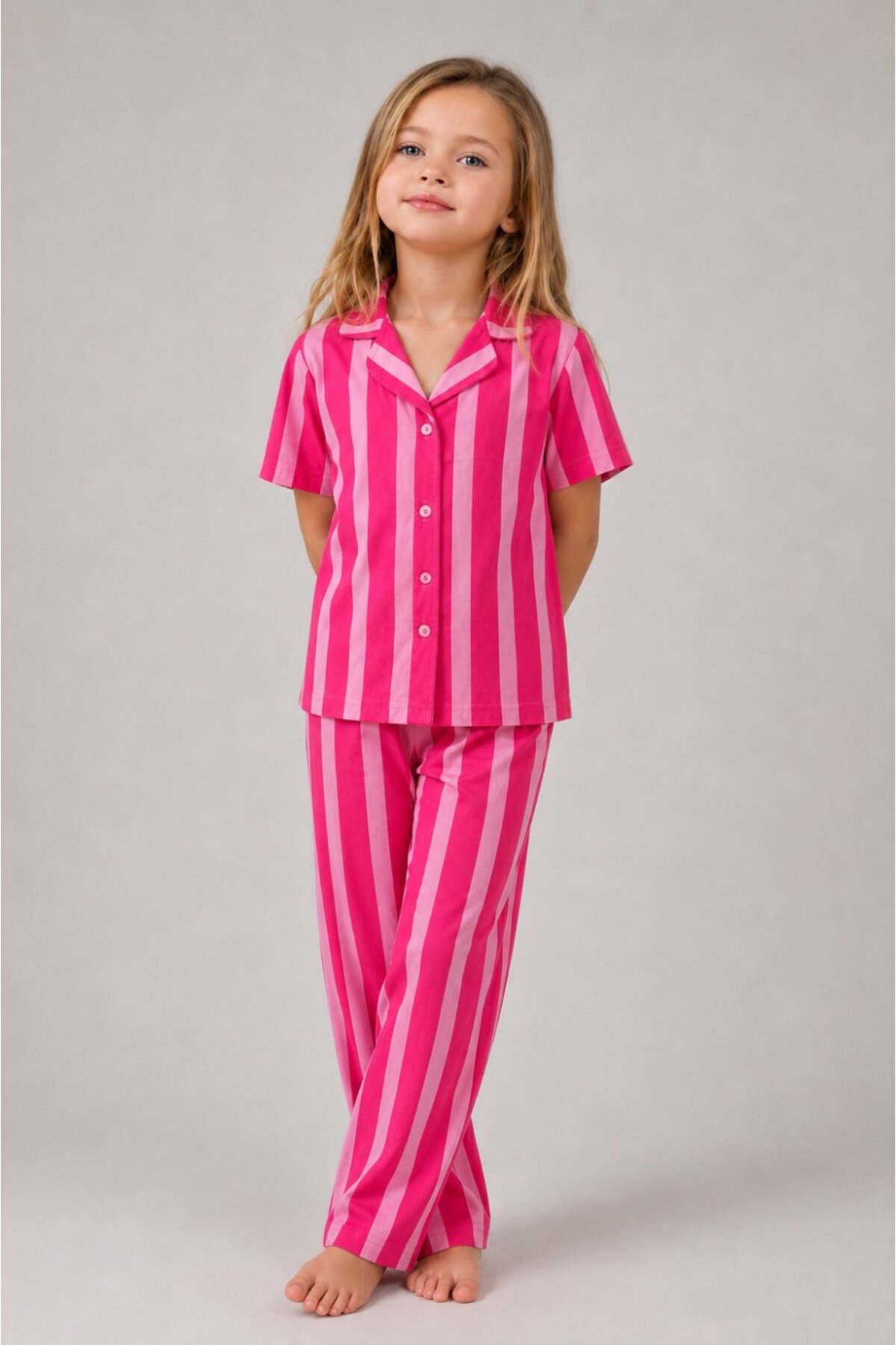 Kız Çocuk Çizgili Gecelik Pembe Pijama Takımı 3
