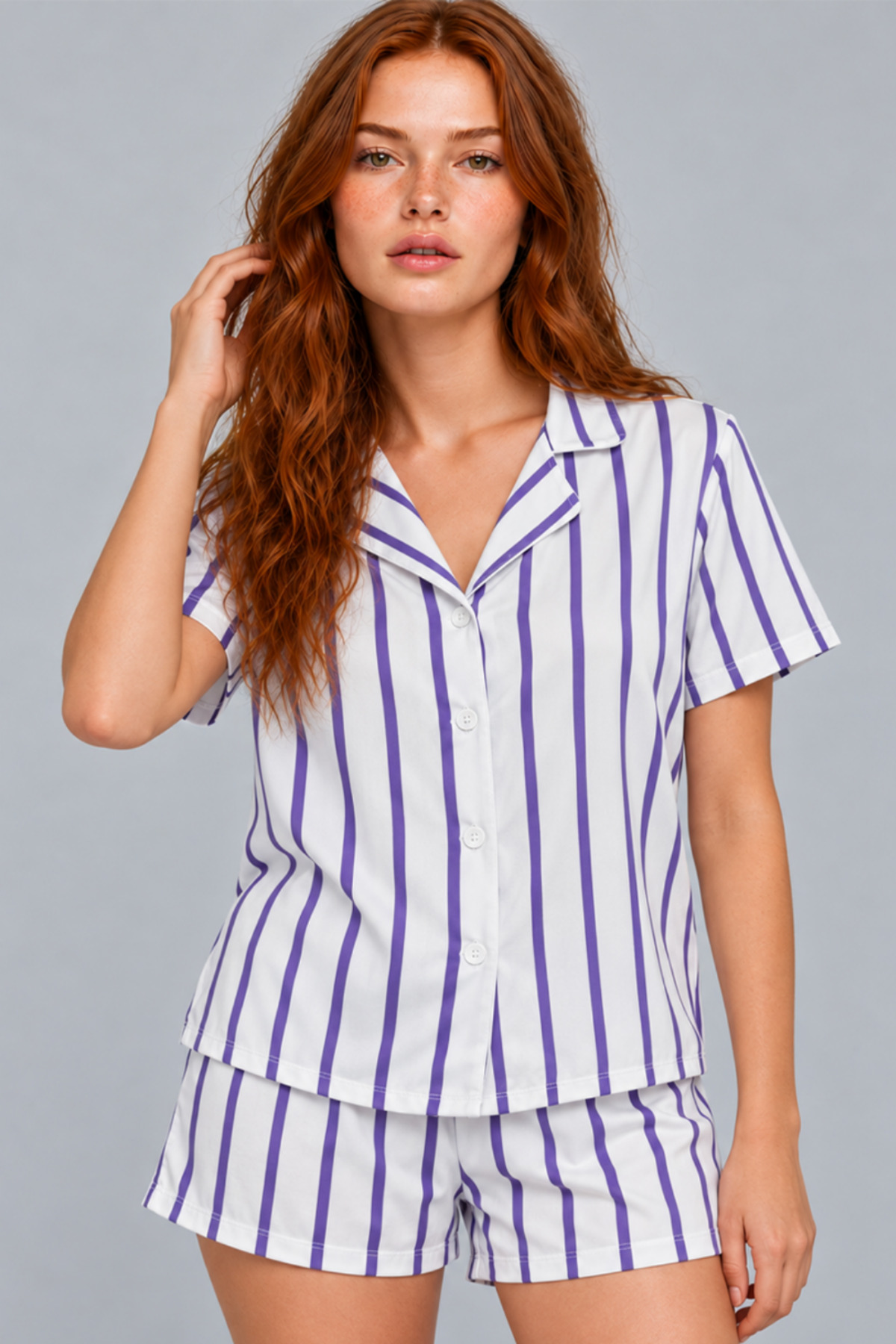 Kadın Çizgili Şortlu Kısa Kollu Beyaz Pijama Takımı 4817 6