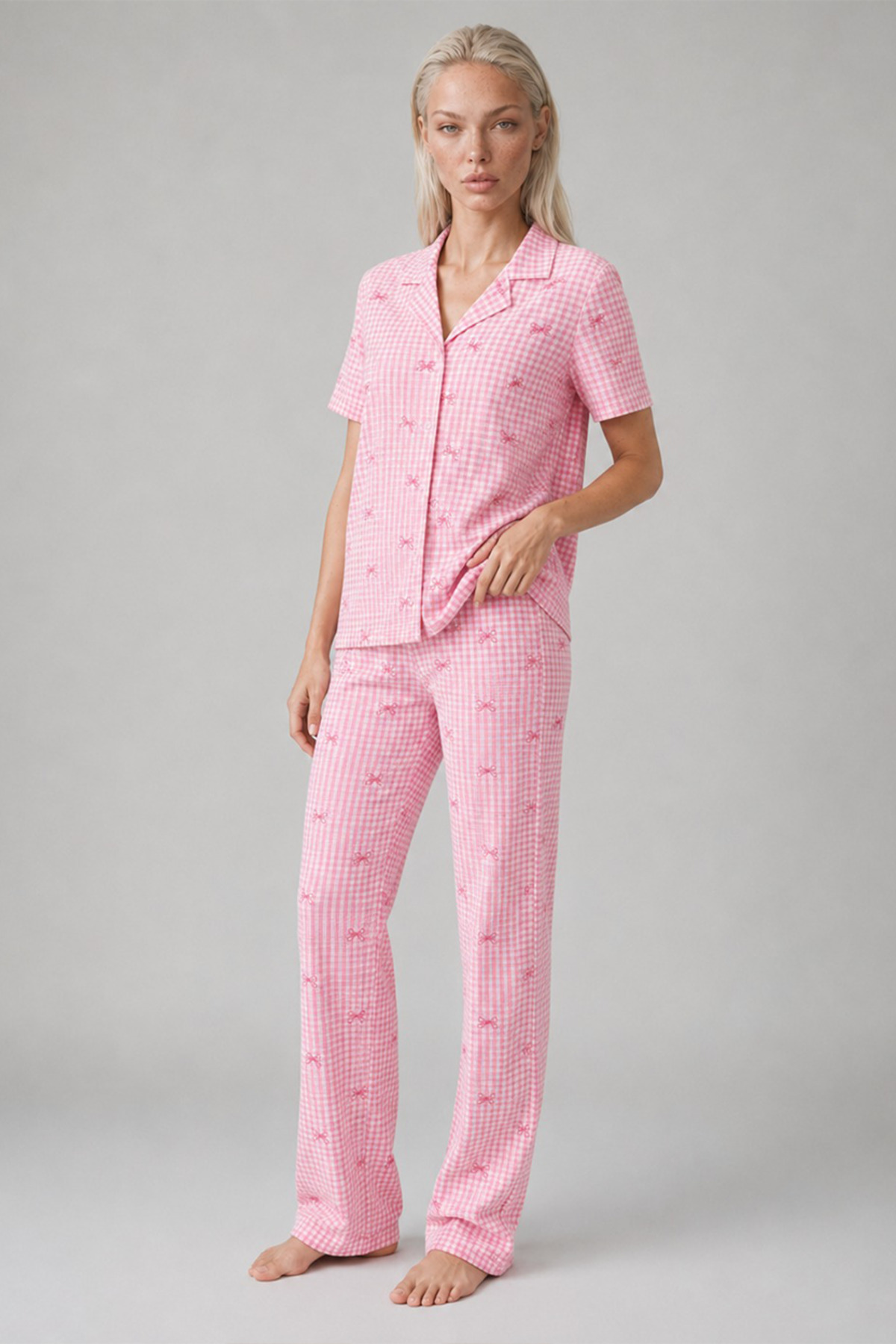 Ekose Fiyonk Desenli Kısa Kollu Pijama Takımı Kadın Düğmeli Uzun Alt Pembe Pijama Takımı 4633 4