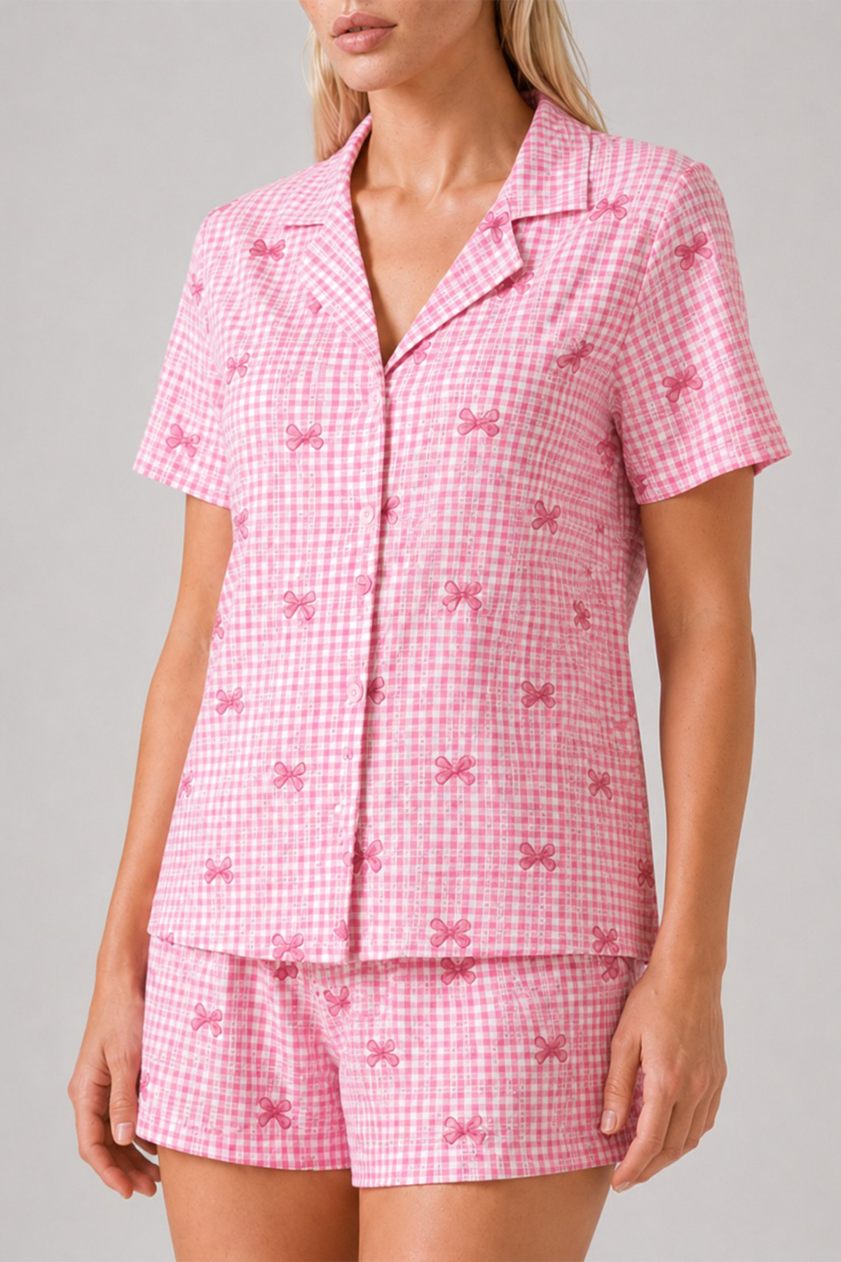 Ekose Fiyonk Desenli Şortlu Pijama Takımı Kadın Kısa Kollu Düğmeli Yazlık rahat Pembe Pijama Takımı 4634 4