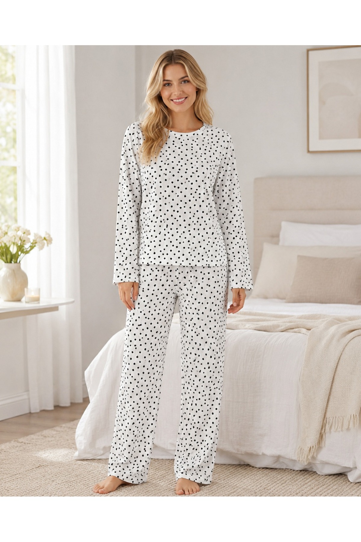 Kadın Kalpli Uzun Kol Rahat Pijama Takımı 4673 Beyaz 4
