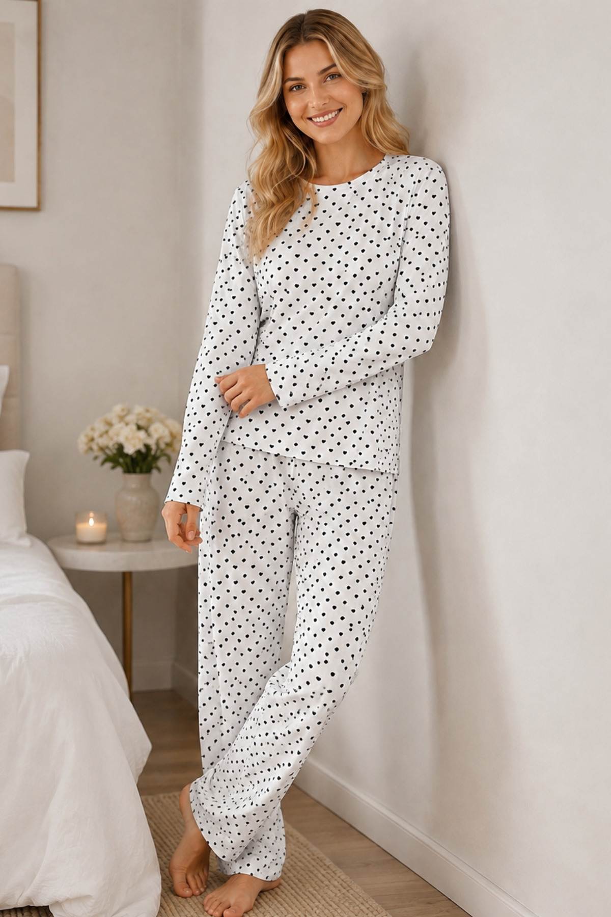 Kadın Kalpli Uzun Kol Rahat Pijama Takımı 4673 Beyaz 3
