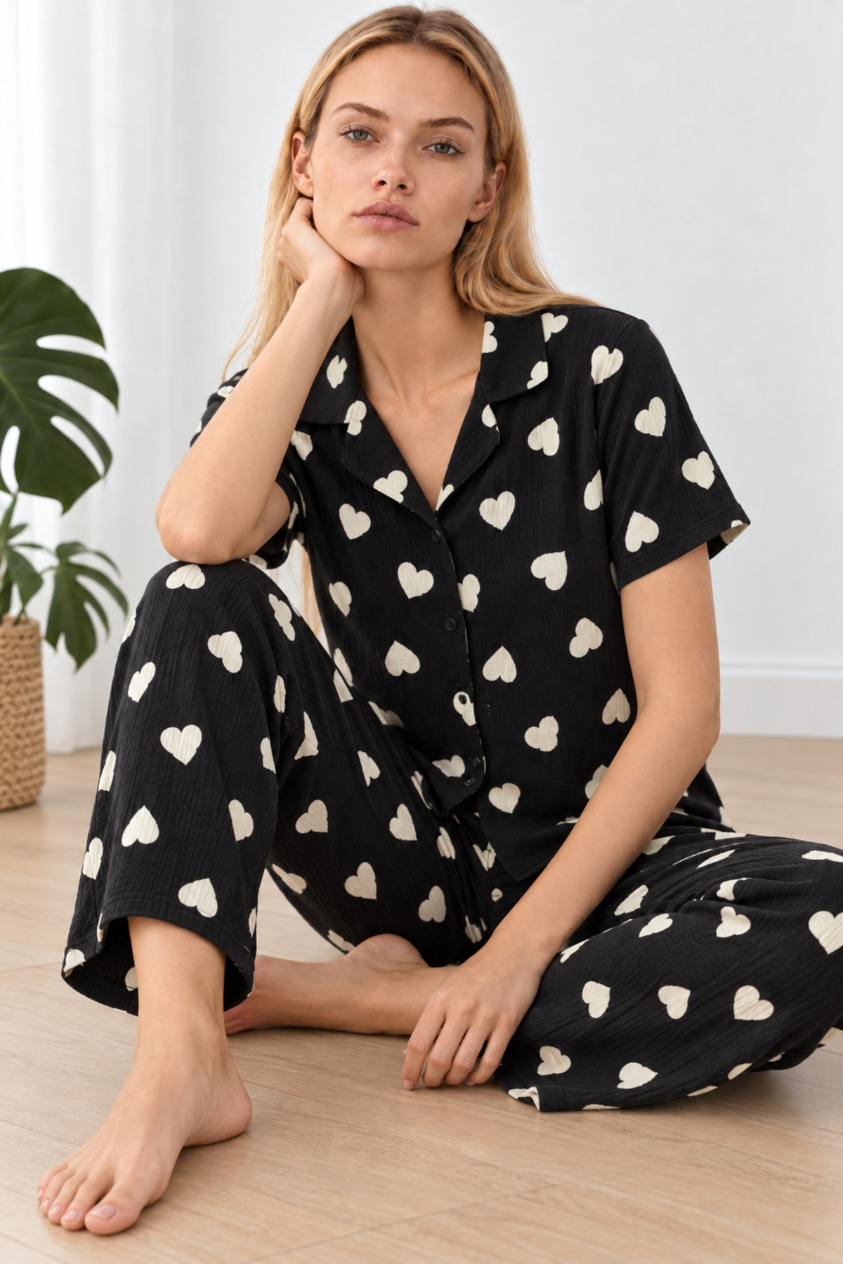 Kadın Kalpli Kısa Kollu Siyah Pijama Takımı 4825 5