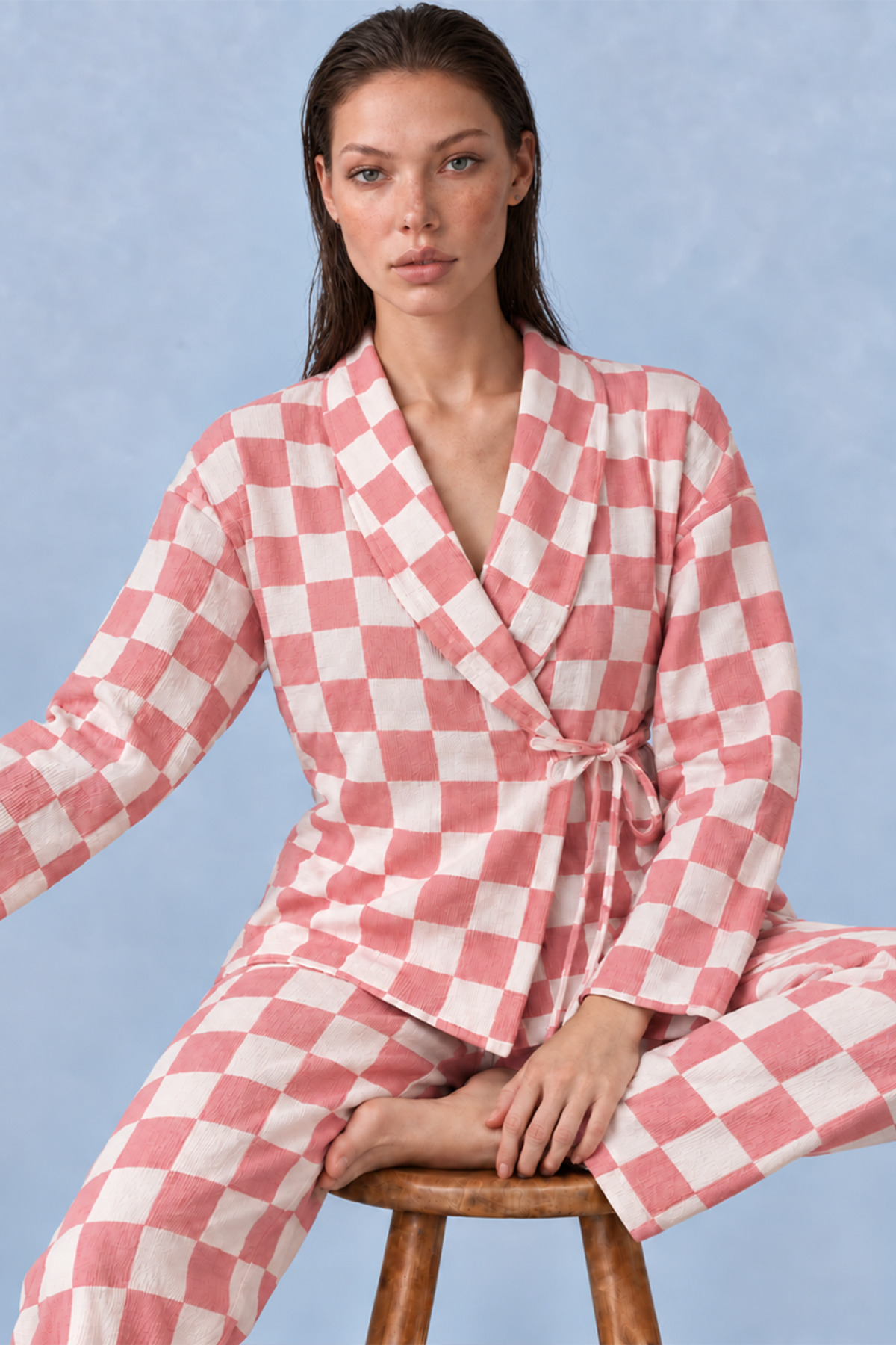 Kadın Kruvaze Yaka Kareli Beli Kuşaklı Pembe Pijama Takımı 4785 3
