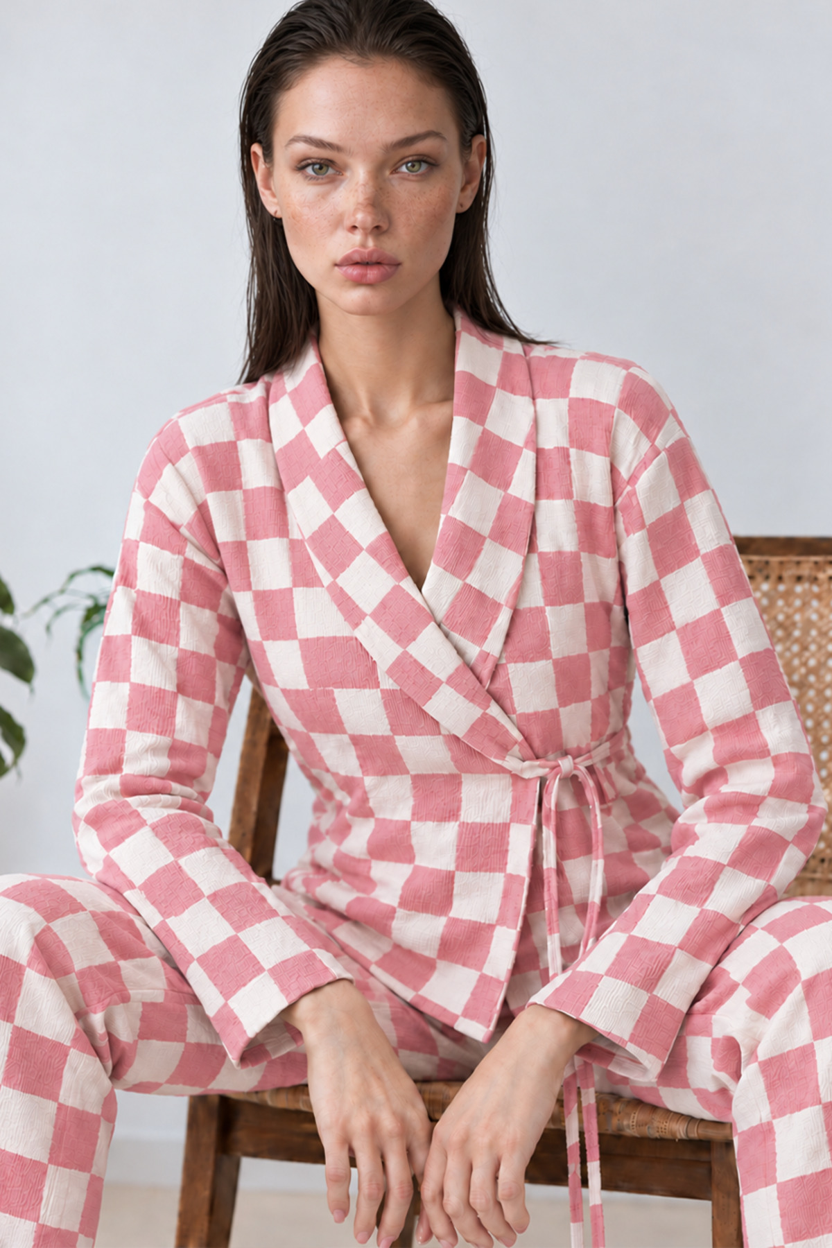 Kadın Kruvaze Yaka Kareli Beli Kuşaklı Pembe Pijama Takımı 4785 5