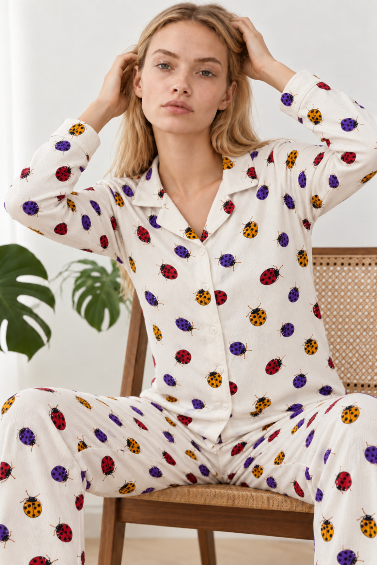 Kadın Uğur Böcekli Gömlek Yaka Beyaz Pijama Takımı 4827 3