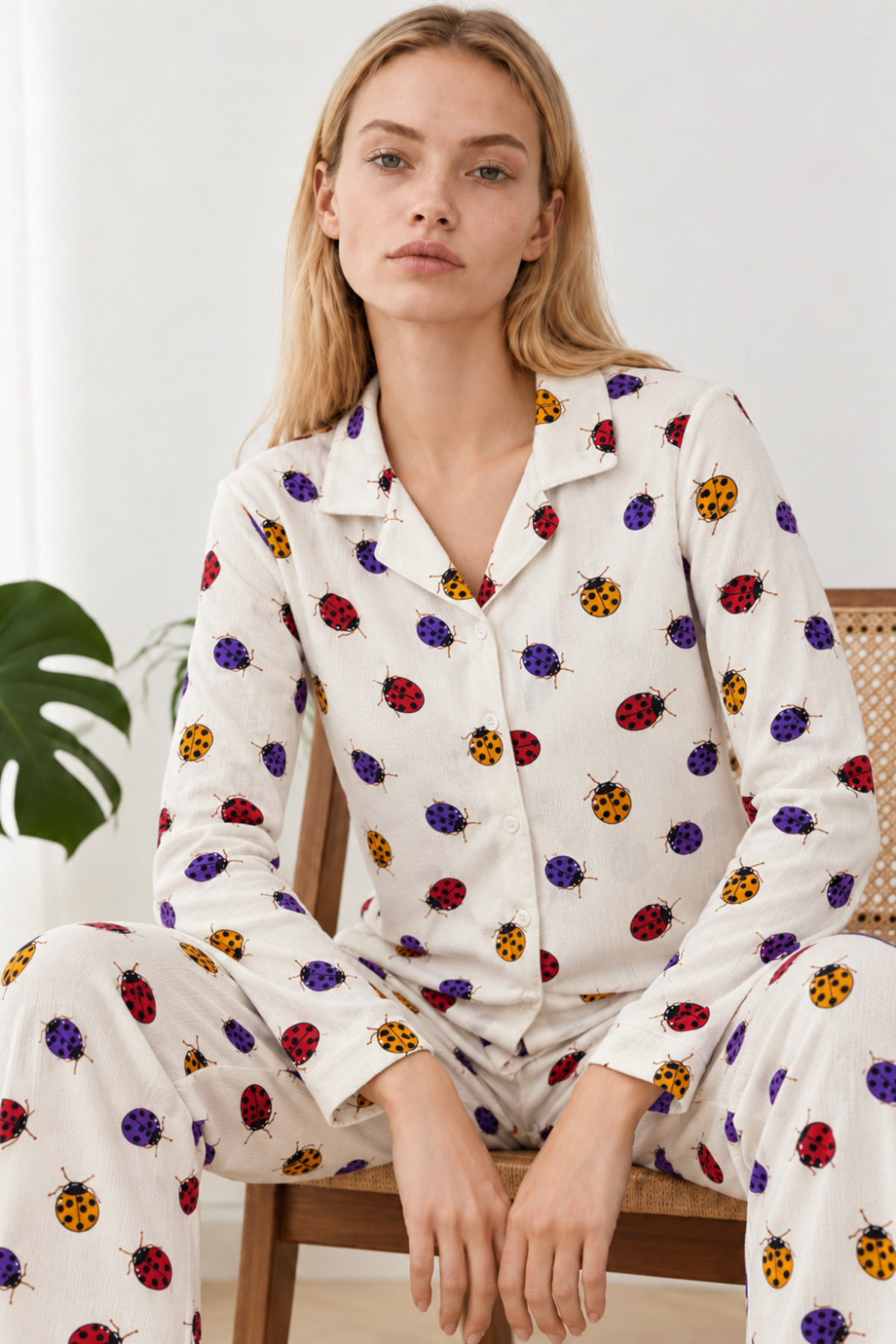 Kadın Uğur Böcekli Gömlek Yaka Beyaz Pijama Takımı 4827 6