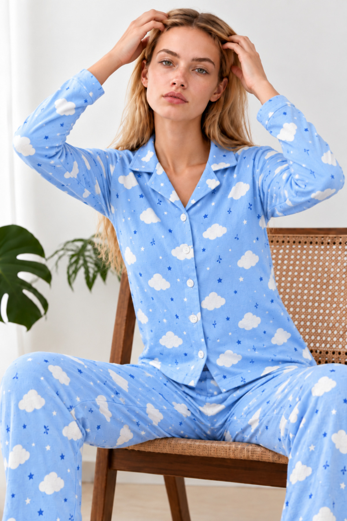 Kadın Desenli Gömlek Yaka Mavi Pijama Takımı 4831 4