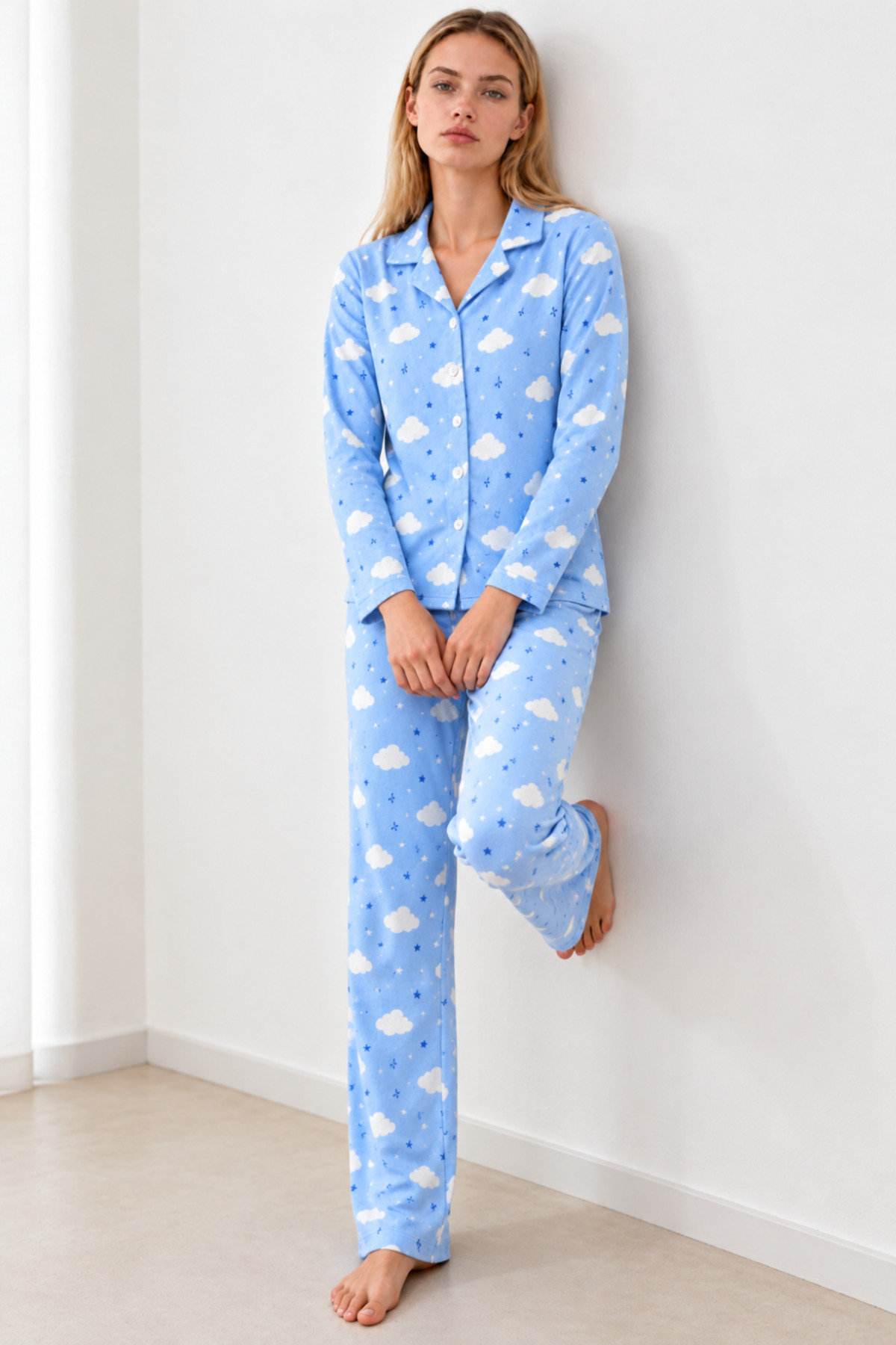 Kadın Desenli Gömlek Yaka Mavi Pijama Takımı 4831 5