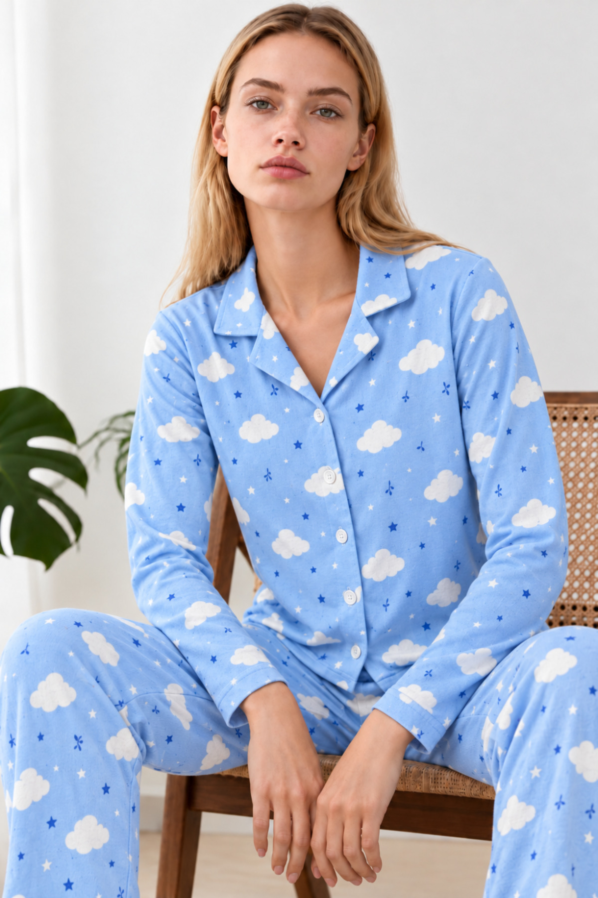 Kadın Desenli Gömlek Yaka Mavi Pijama Takımı 4831 6