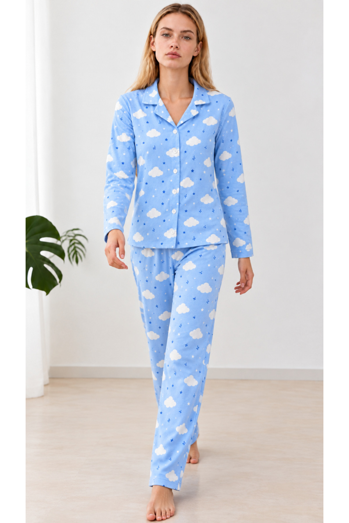 Kadın Desenli Gömlek Yaka Mavi Pijama Takımı 4831 3