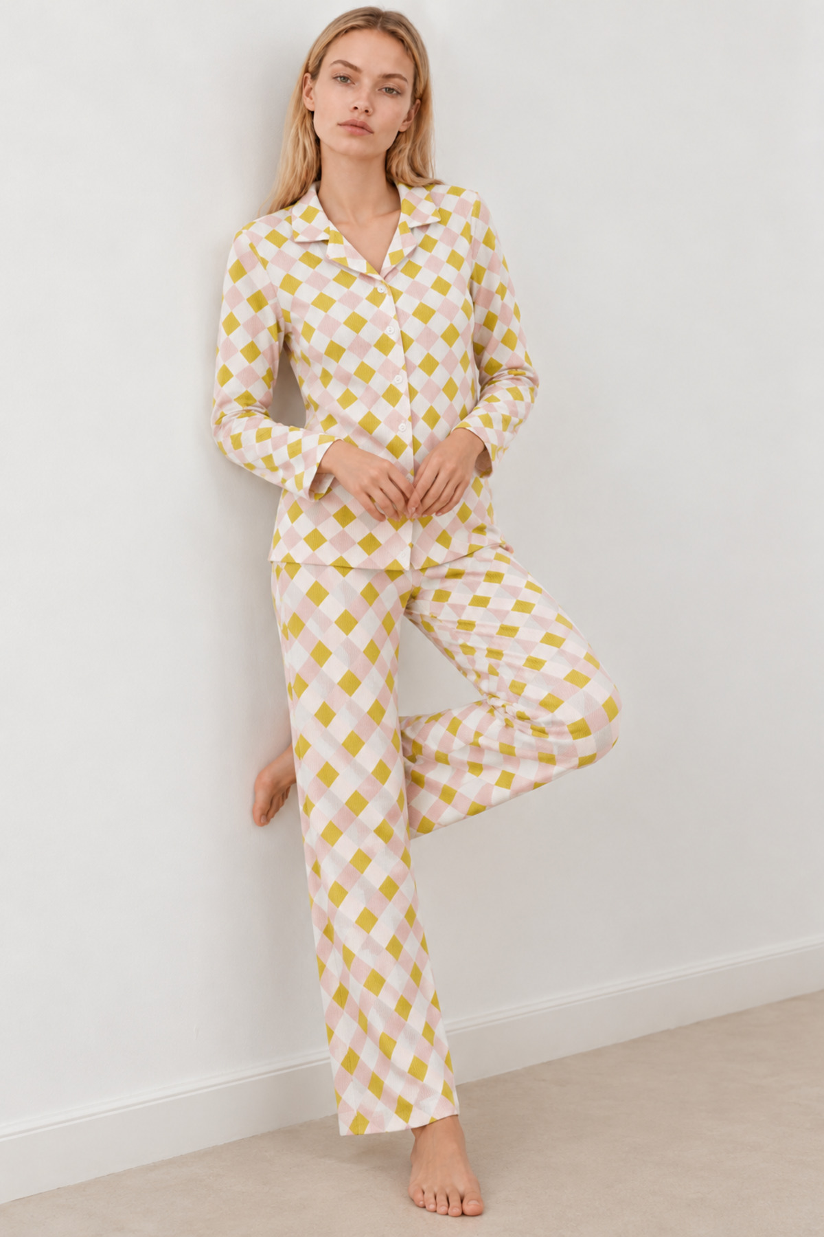 Kadın Desenli Gömlek Yaka Sarı Pijama Takımı 4860 5