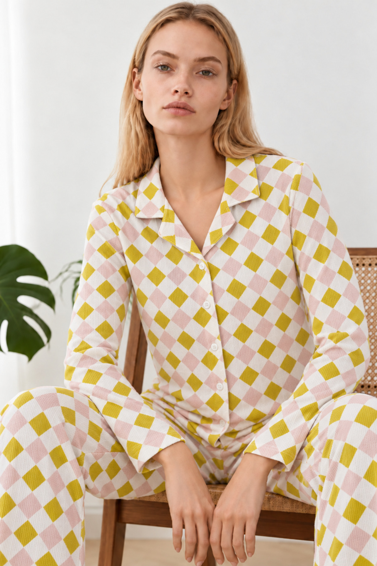 Kadın Desenli Gömlek Yaka Sarı Pijama Takımı 4860 6