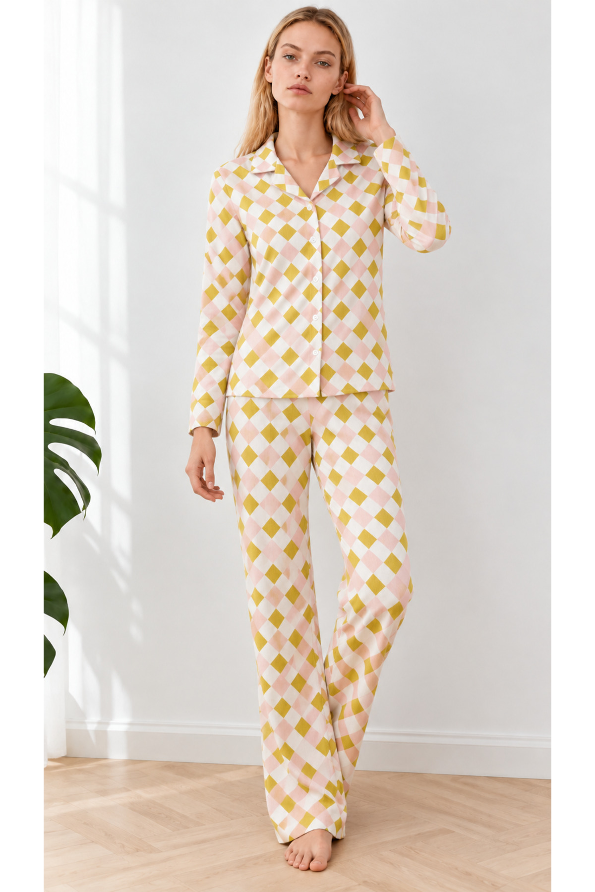 Kadın Desenli Gömlek Yaka Sarı Pijama Takımı 4860 3