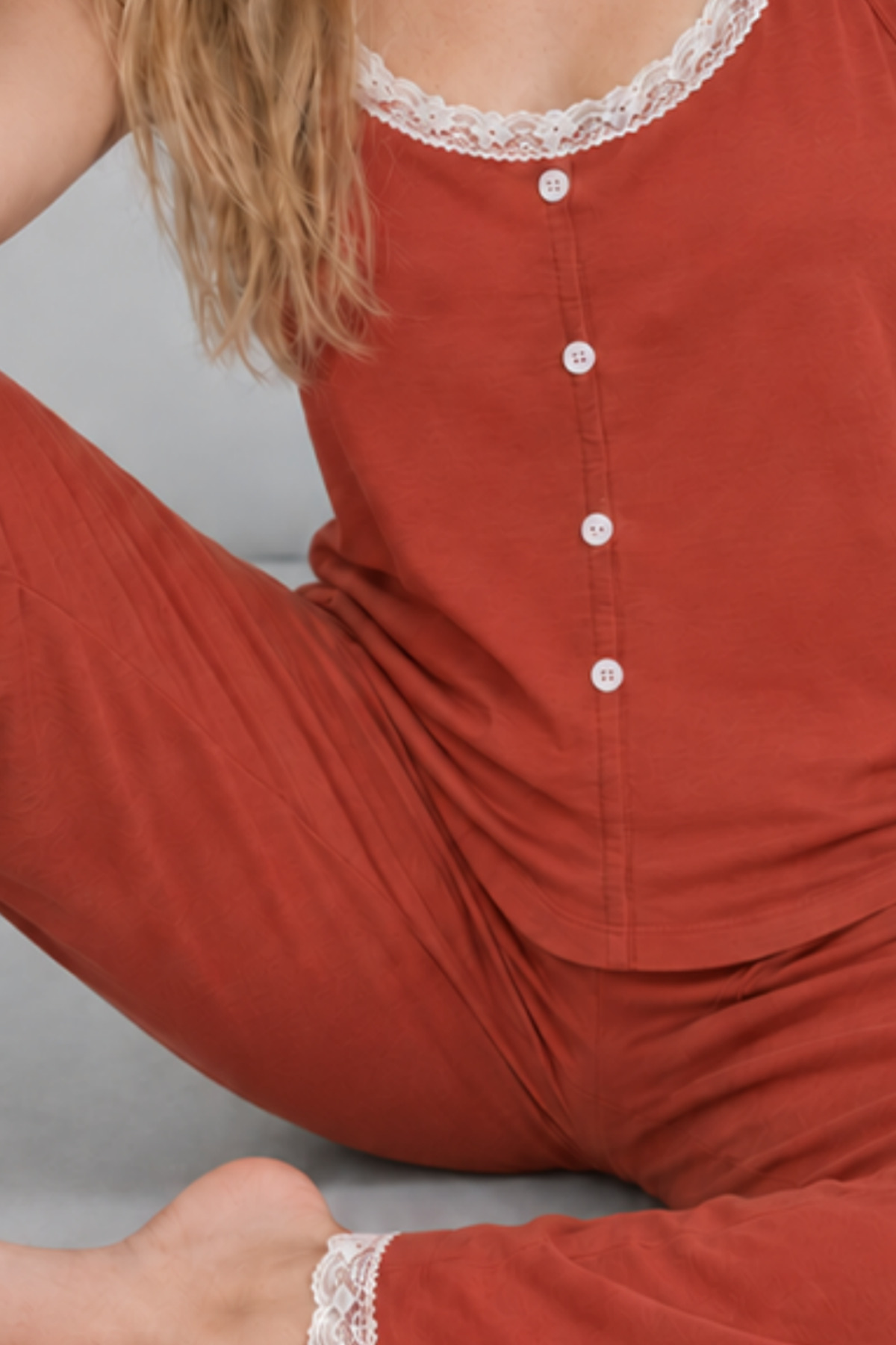 Kadın Dantelli V Yaka Kırmızı Pijama Takımı 4744 6