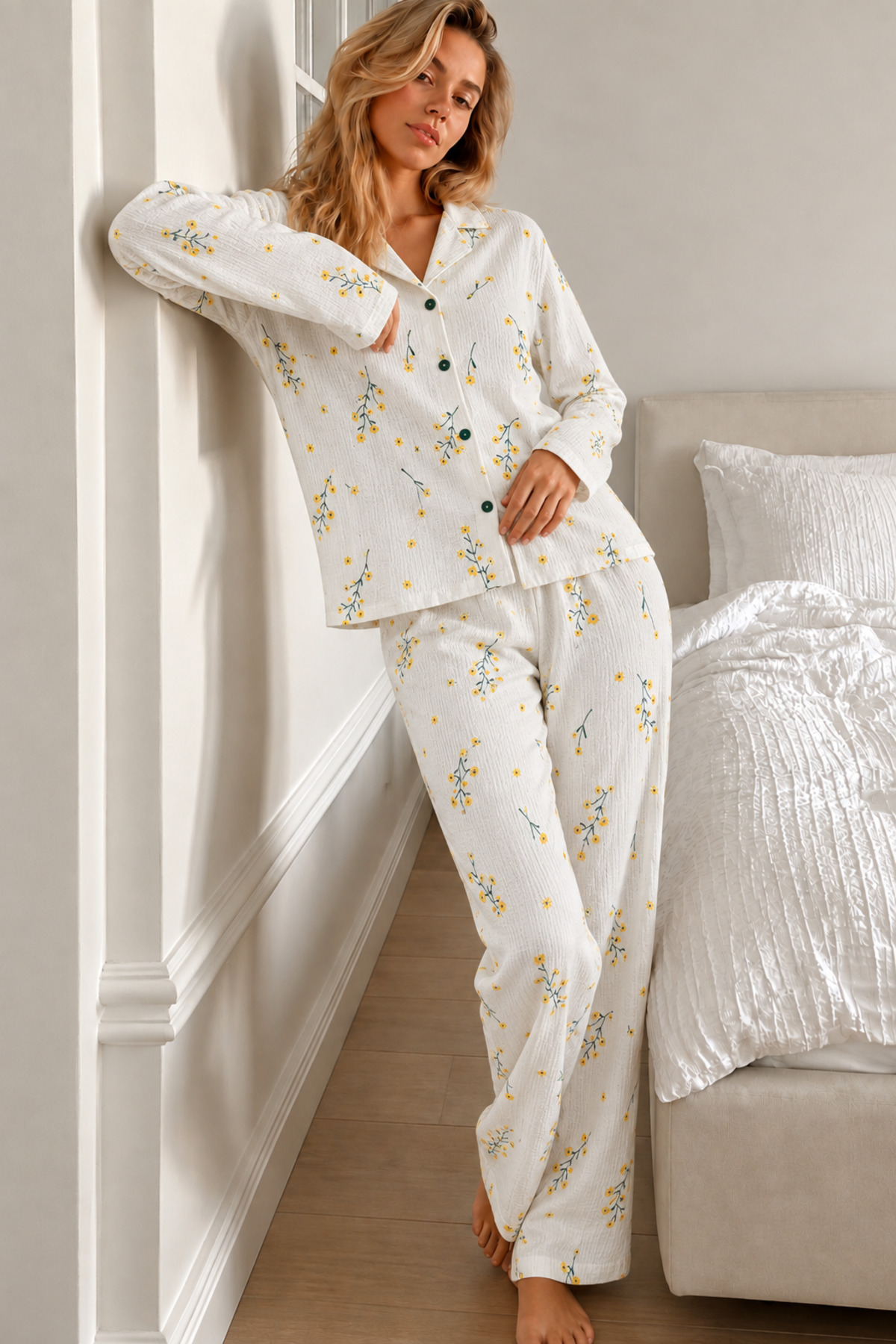 Kadın Gömlek Yaka Düğmeli Ekru Pijama Takımı 6