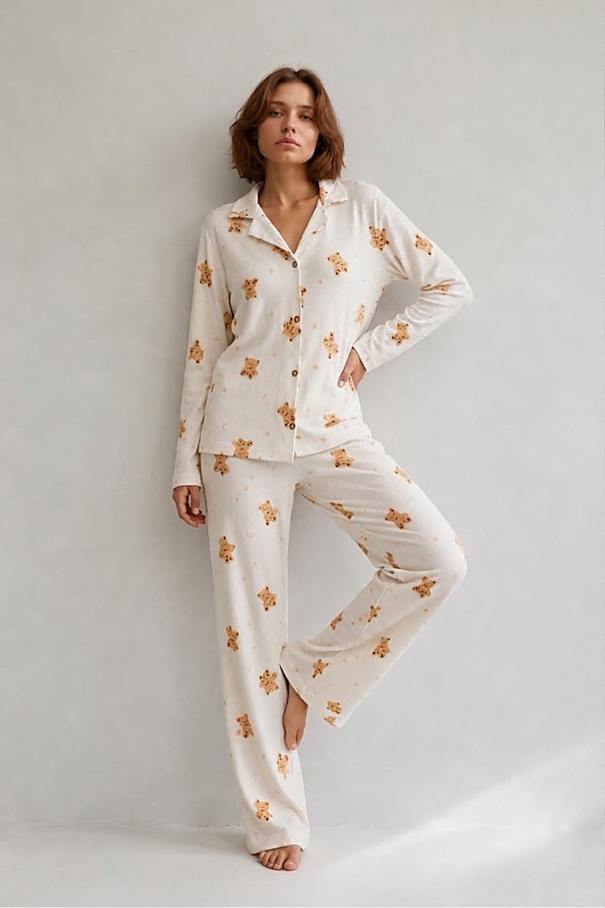 Kadın Gömlek Yaka Düğmeli Gece Giyimi Beyaz Pijama Takımı 6