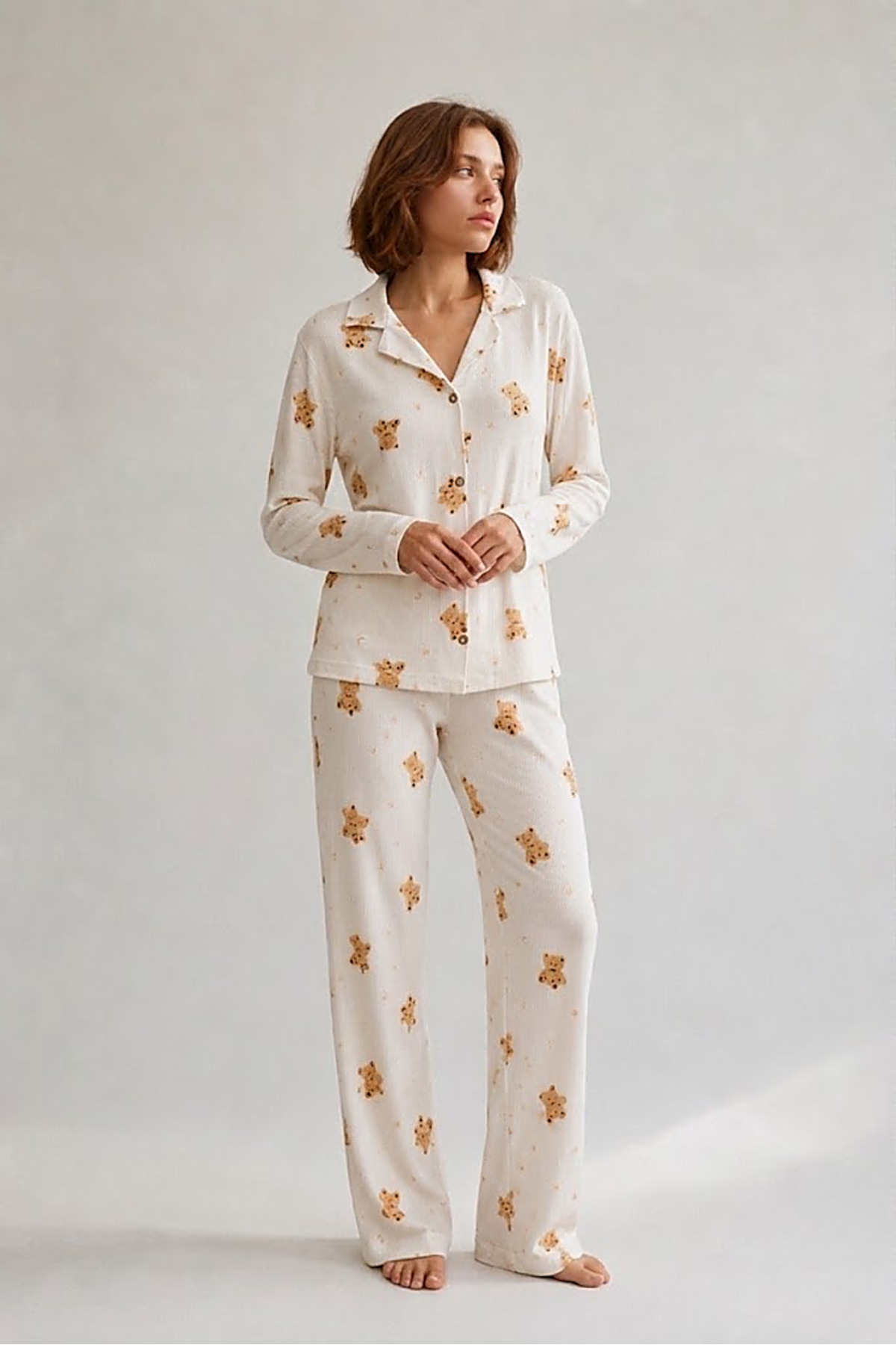 Kadın Gömlek Yaka Düğmeli Gece Giyimi Beyaz Pijama Takımı 4