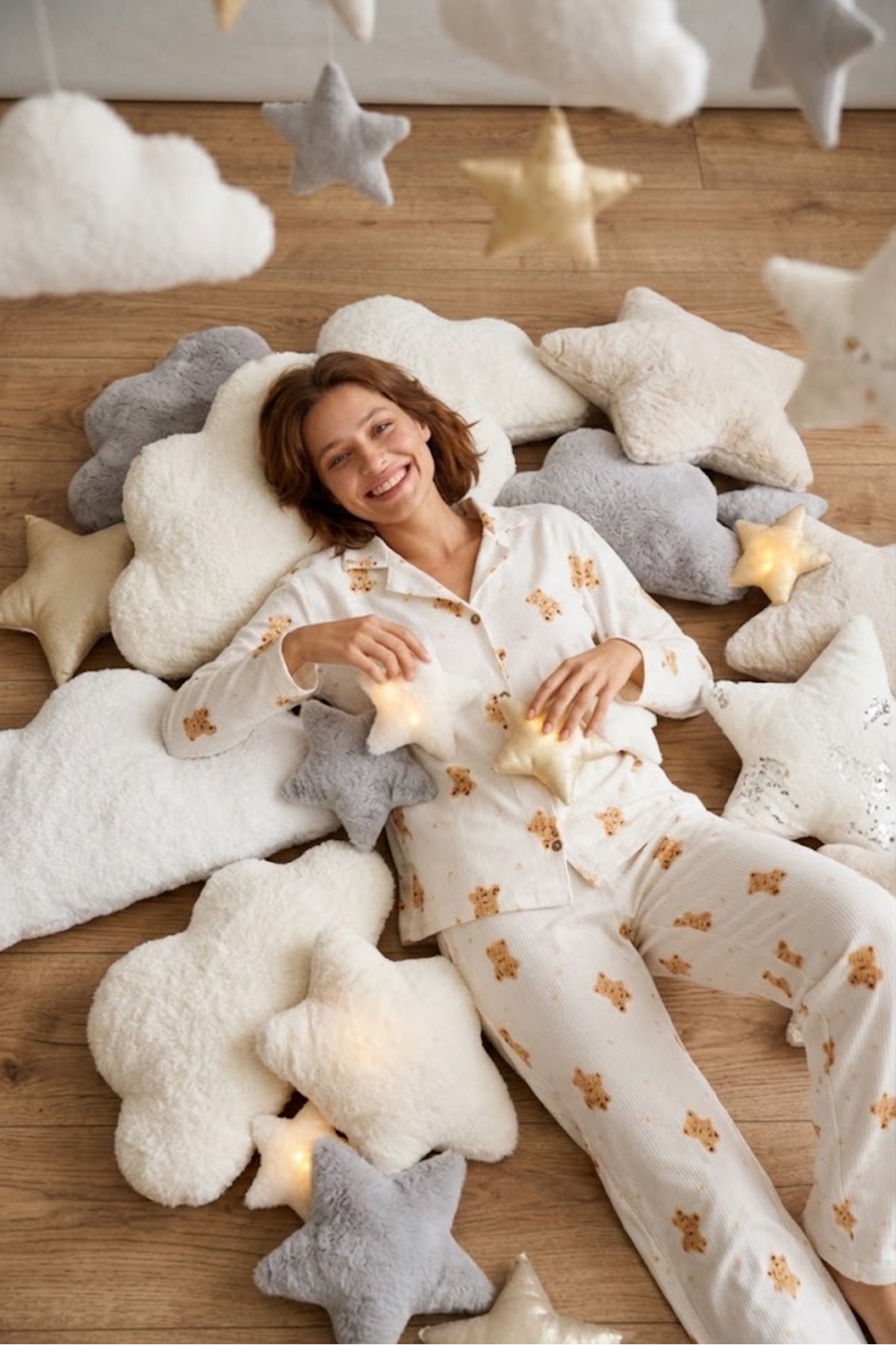 Kadın Gömlek Yaka Düğmeli Gece Giyimi Beyaz Pijama Takımı 3