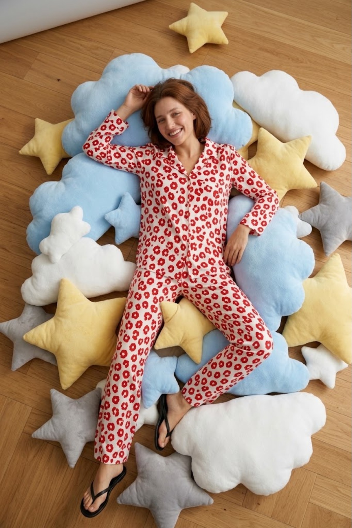 Kadın Gömlek Yaka Düğmeli Gece Giyimi Kırmızı Pijama Takımı 3