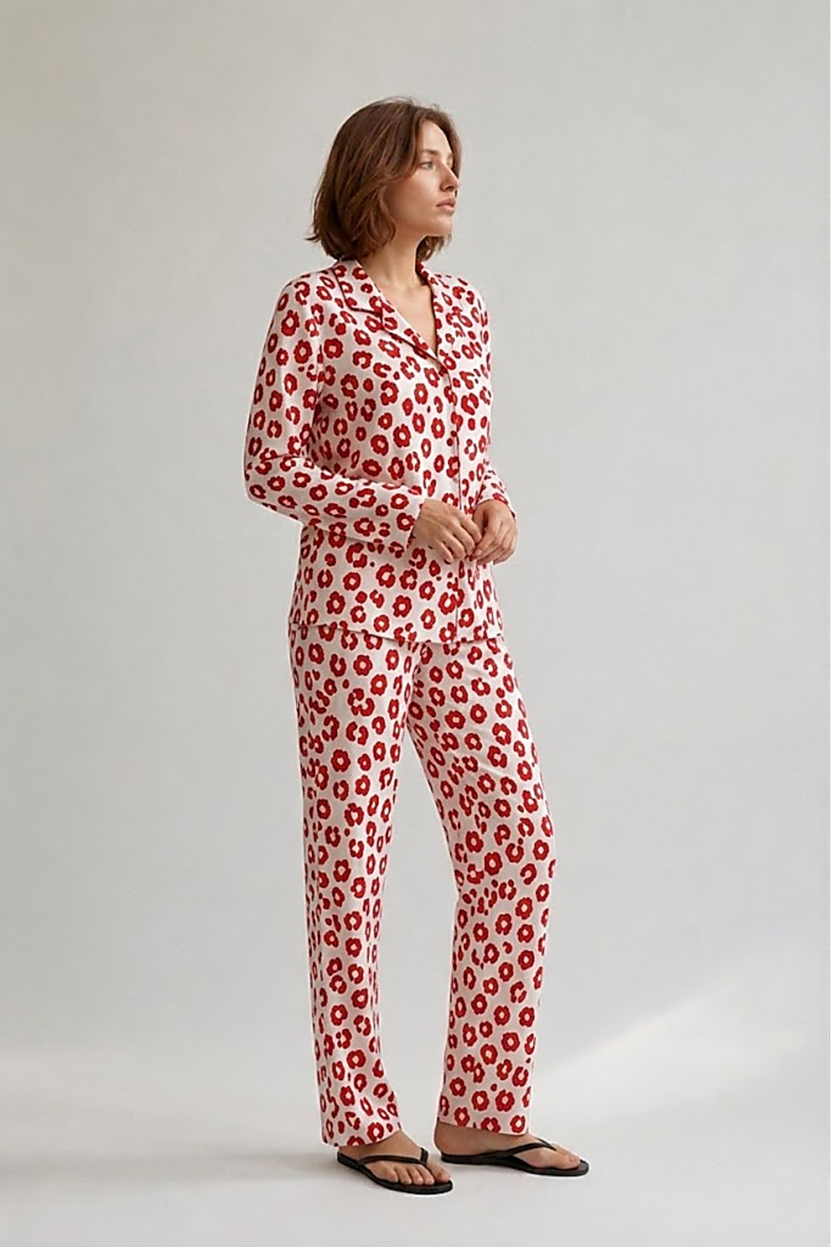 Kadın Gömlek Yaka Düğmeli Gece Giyimi Kırmızı Pijama Takımı 4