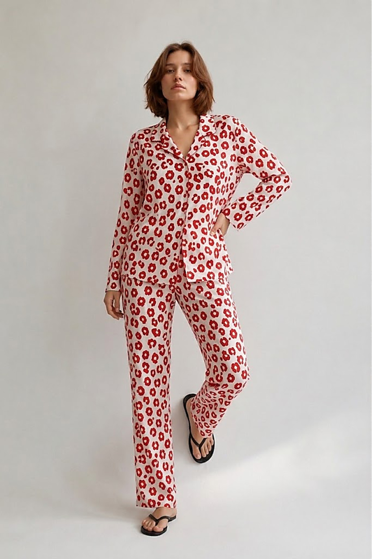 Kadın Gömlek Yaka Düğmeli Gece Giyimi Kırmızı Pijama Takımı 6