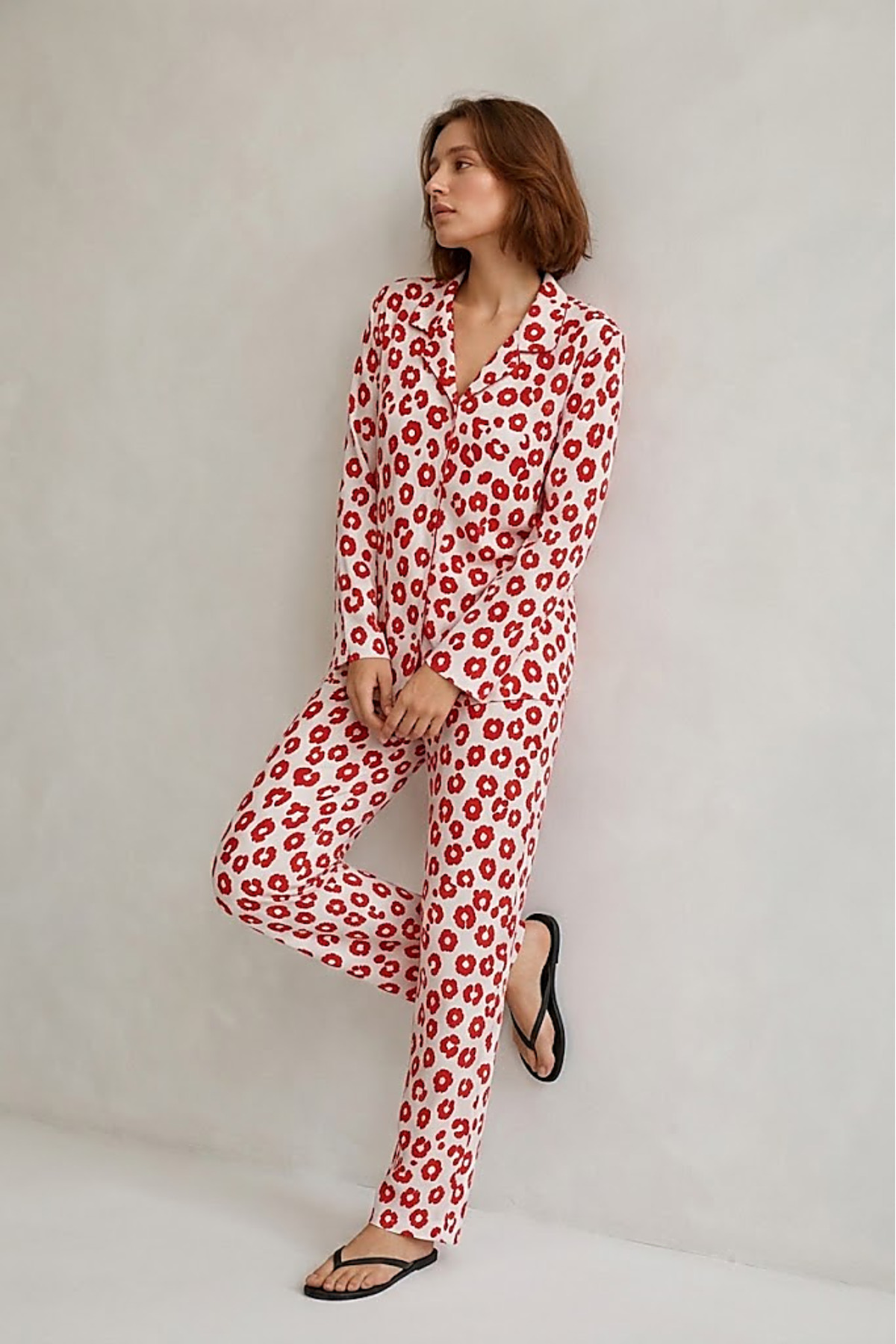 Kadın Gömlek Yaka Düğmeli Gece Giyimi Kırmızı Pijama Takımı 5