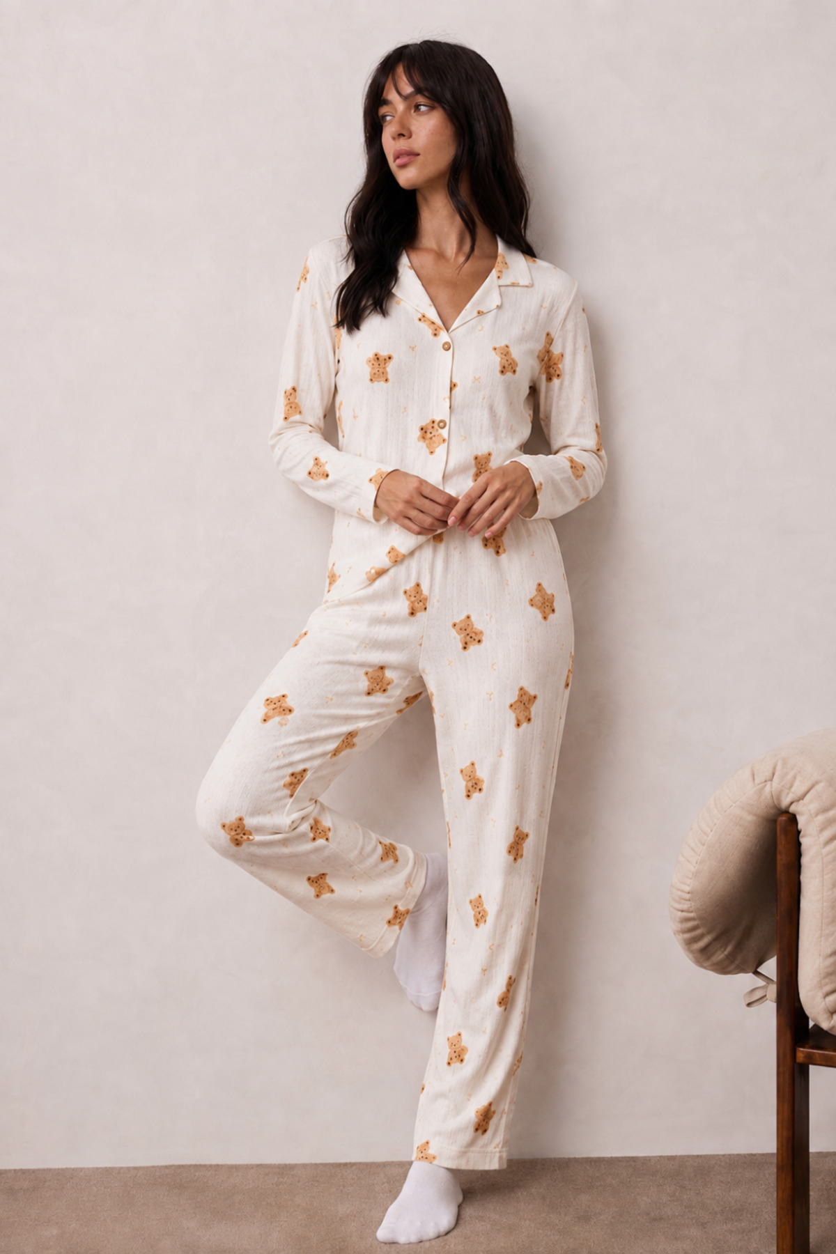 Kadın Uzun Kollu Düğmeli Alt Üst Uyku Beyaz Pijama Takımı 6