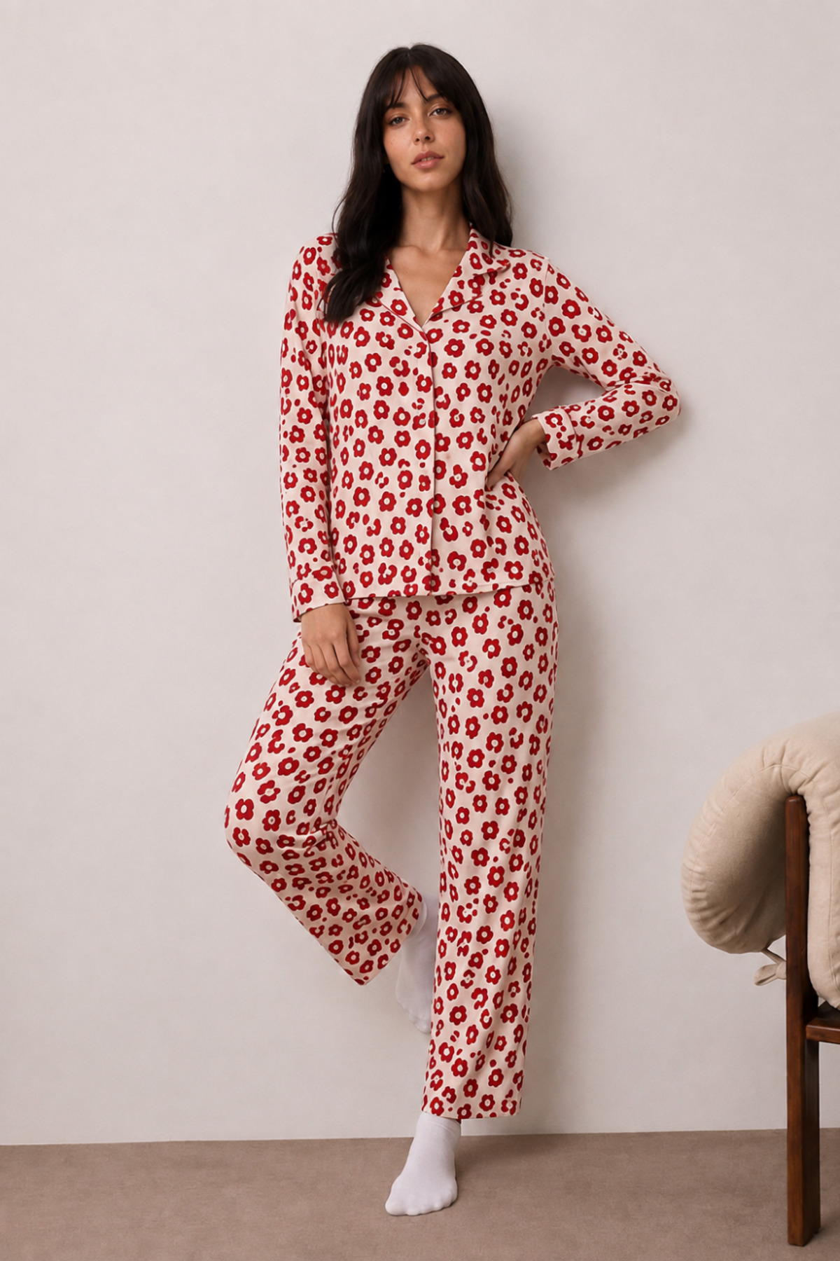 Kadın Uzun Kollu Düğmeli Alt Üst Uyku Kırmızı Pijama Takımı 6