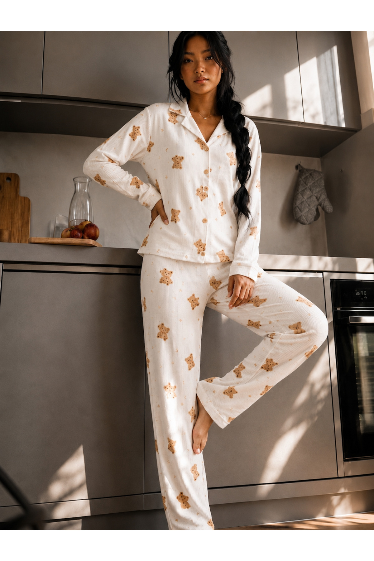 Kadın Düğmeli Gömlek Yaka Ev Giyimi Beyaz Pijama Takımı 4
