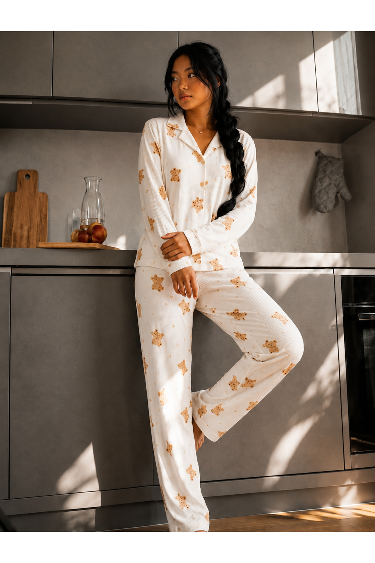 Kadın Düğmeli Gömlek Yaka Ev Giyimi Beyaz Pijama Takımı 5