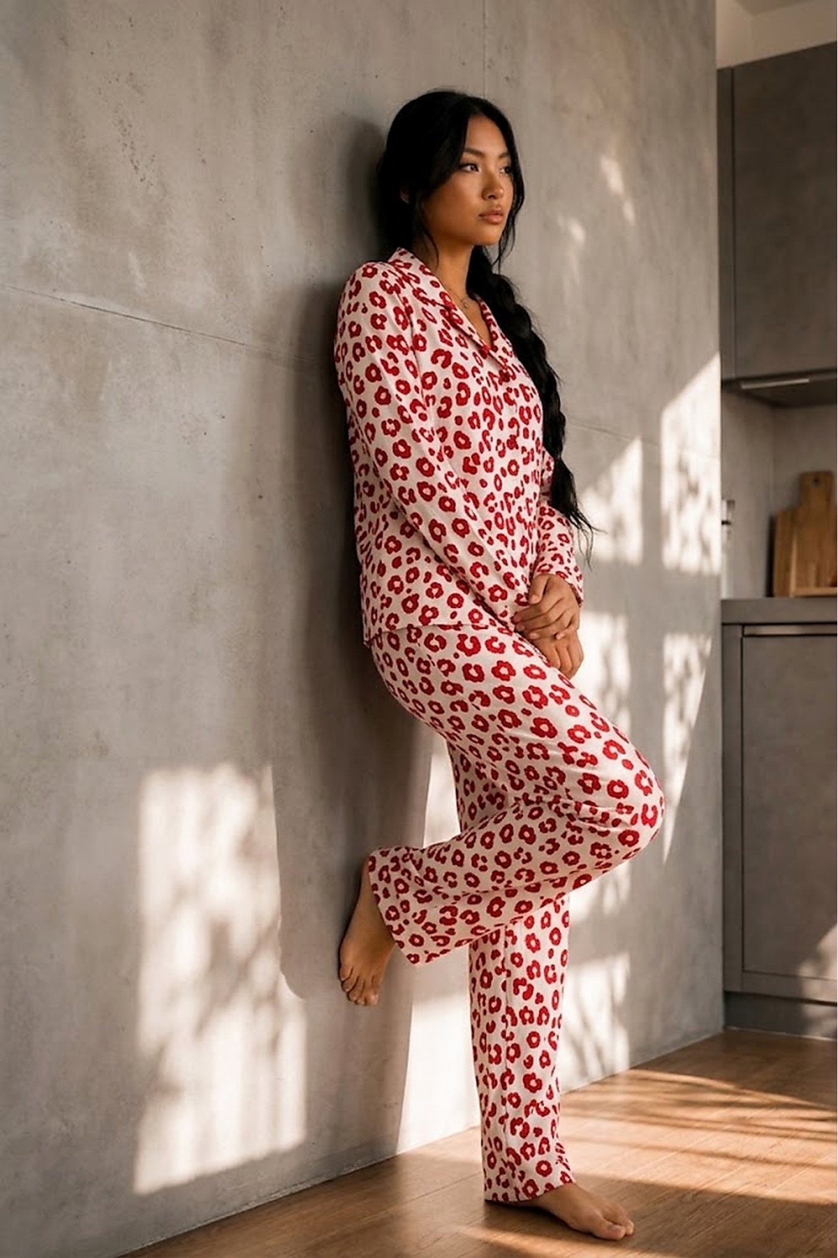 Kadın Düğmeli Gömlek Yaka Ev Giyimi Kırmızı Pijama Takımı 5