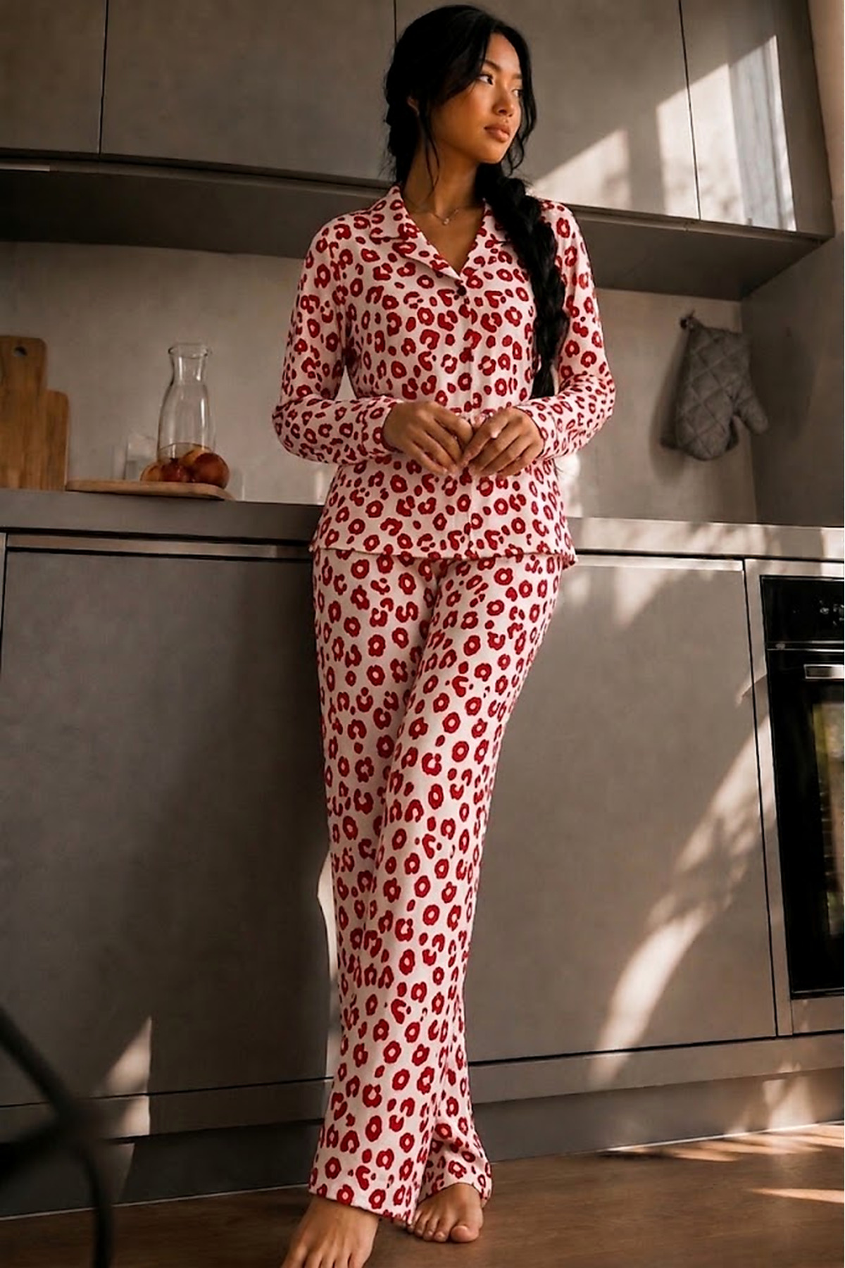 Kadın Düğmeli Gömlek Yaka Ev Giyimi Kırmızı Pijama Takımı 6
