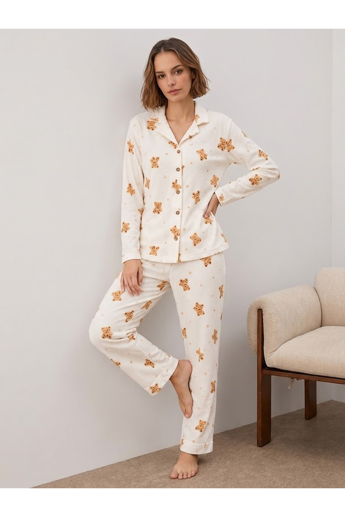 Kadın Gömlek Yakalı Uzun Kollu Beyaz Pijama Seti 6