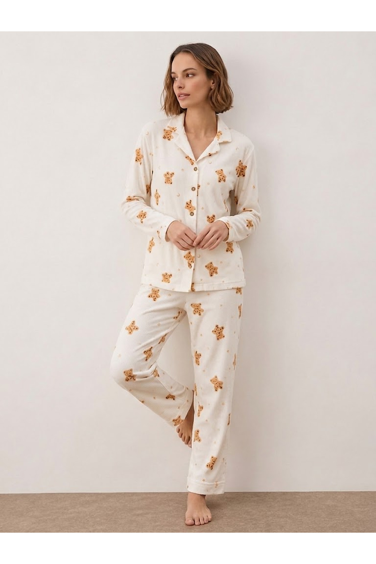 Kadın Gömlek Yakalı Uzun Kollu Beyaz Pijama Seti 5