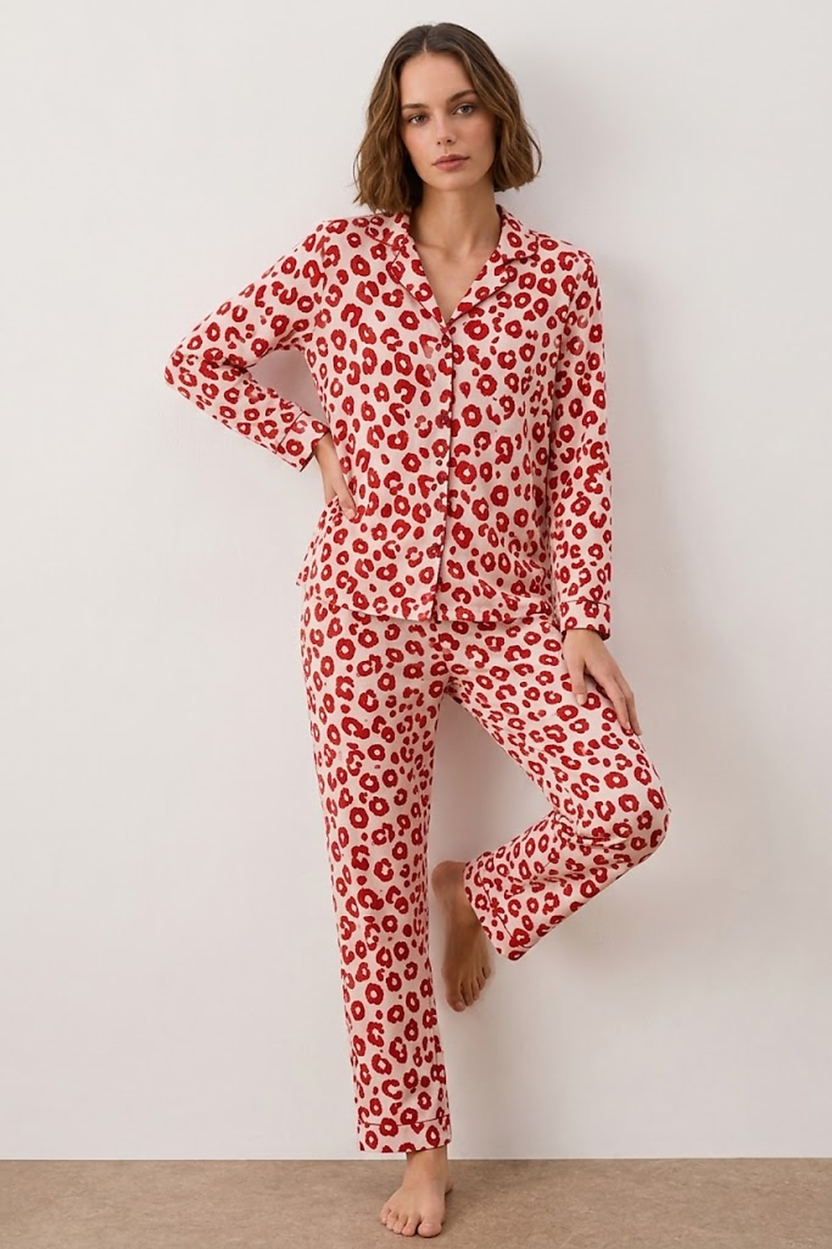 Kadın Gömlek Yakalı Uzun Kollu Kırmızı Pijama Seti 6