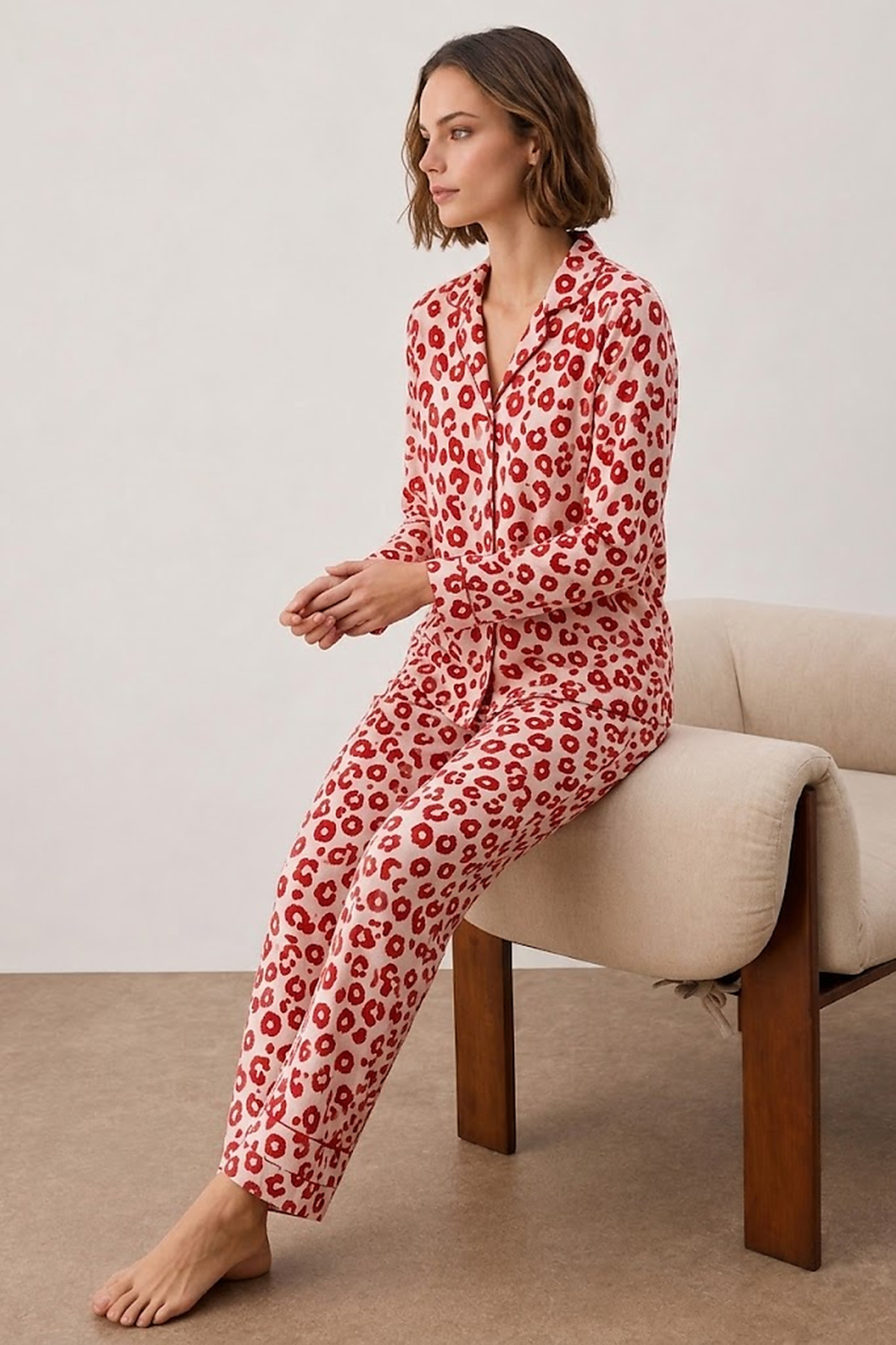Kadın Gömlek Yakalı Uzun Kollu Kırmızı Pijama Seti 4