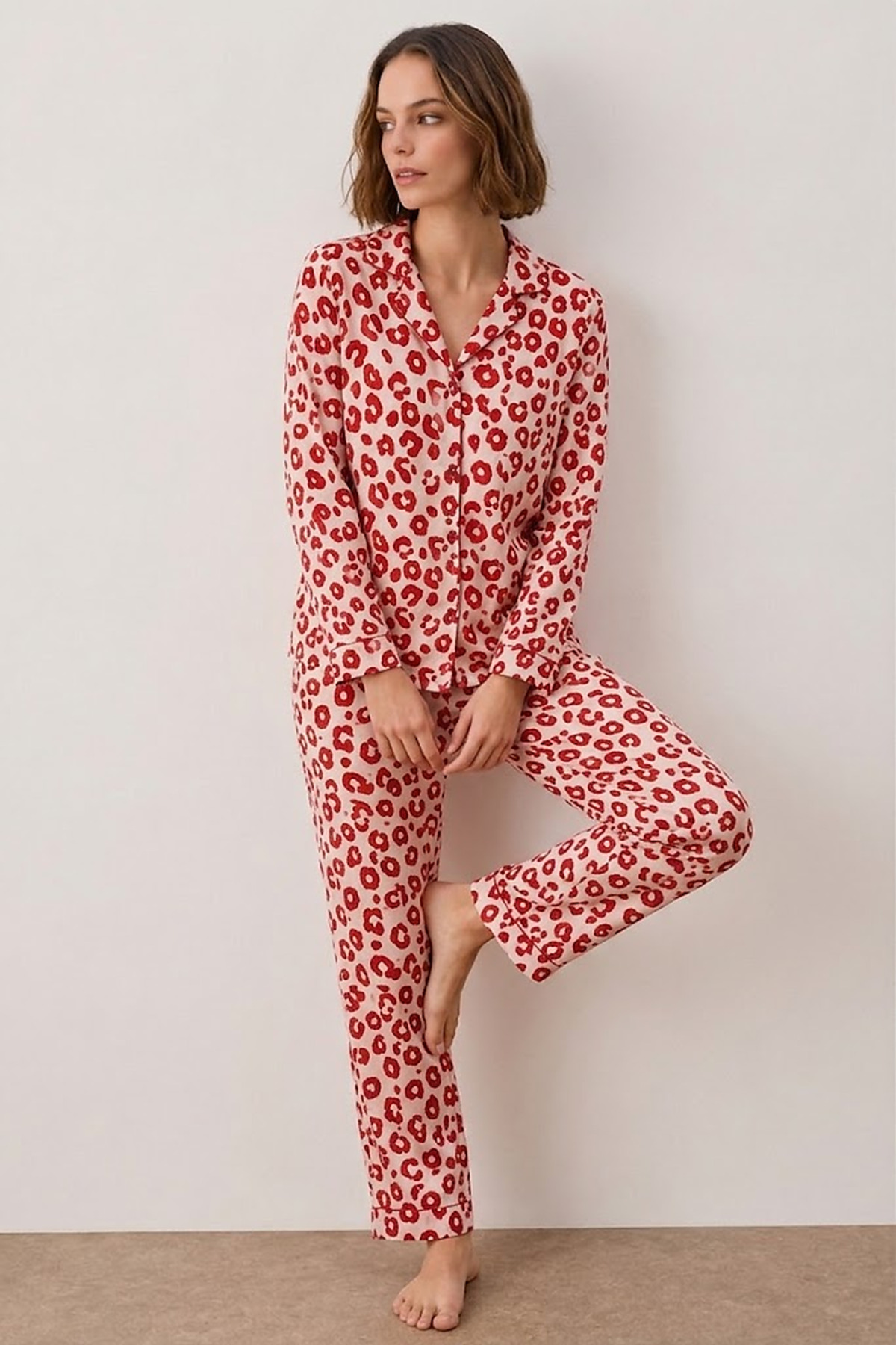 Kadın Gömlek Yakalı Uzun Kollu Kırmızı Pijama Seti 5