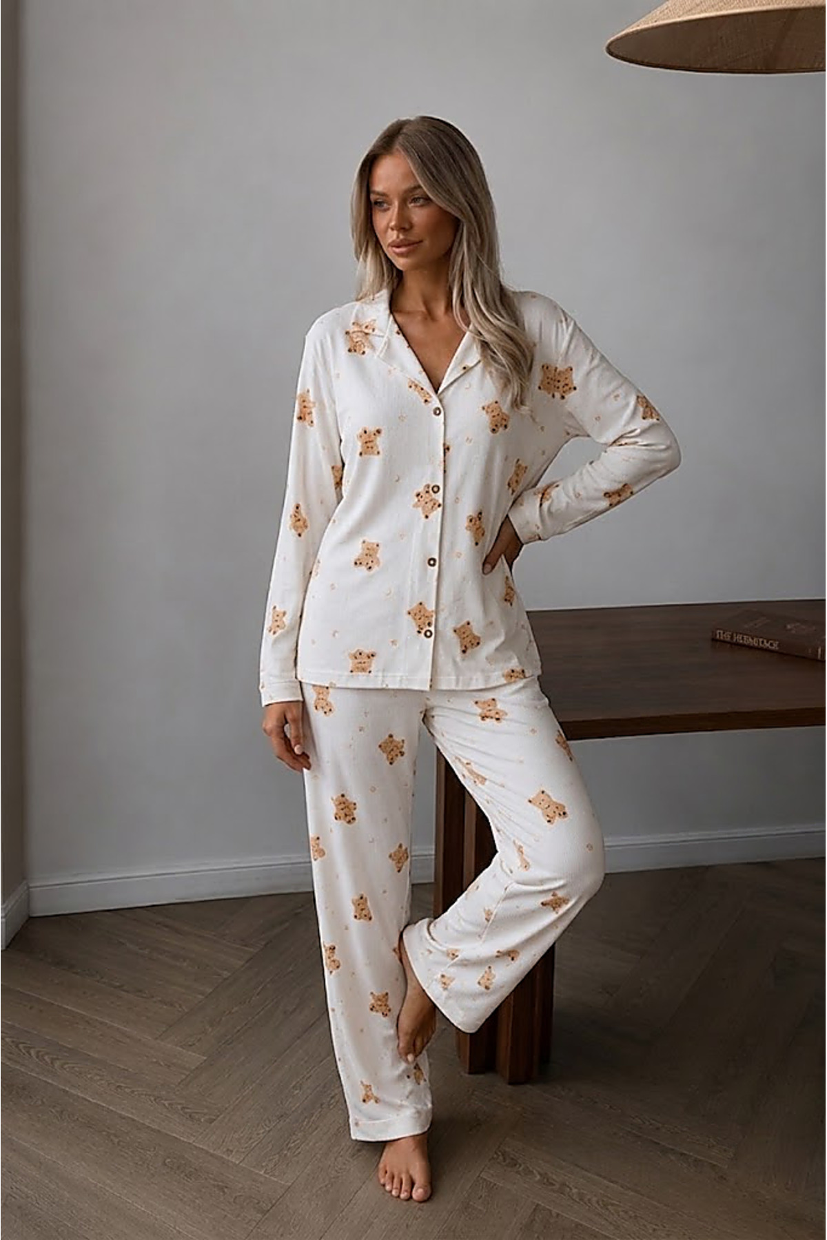 Kadın Düğmeli Uzun Uyku ve Beyaz Pijama Takımı 6