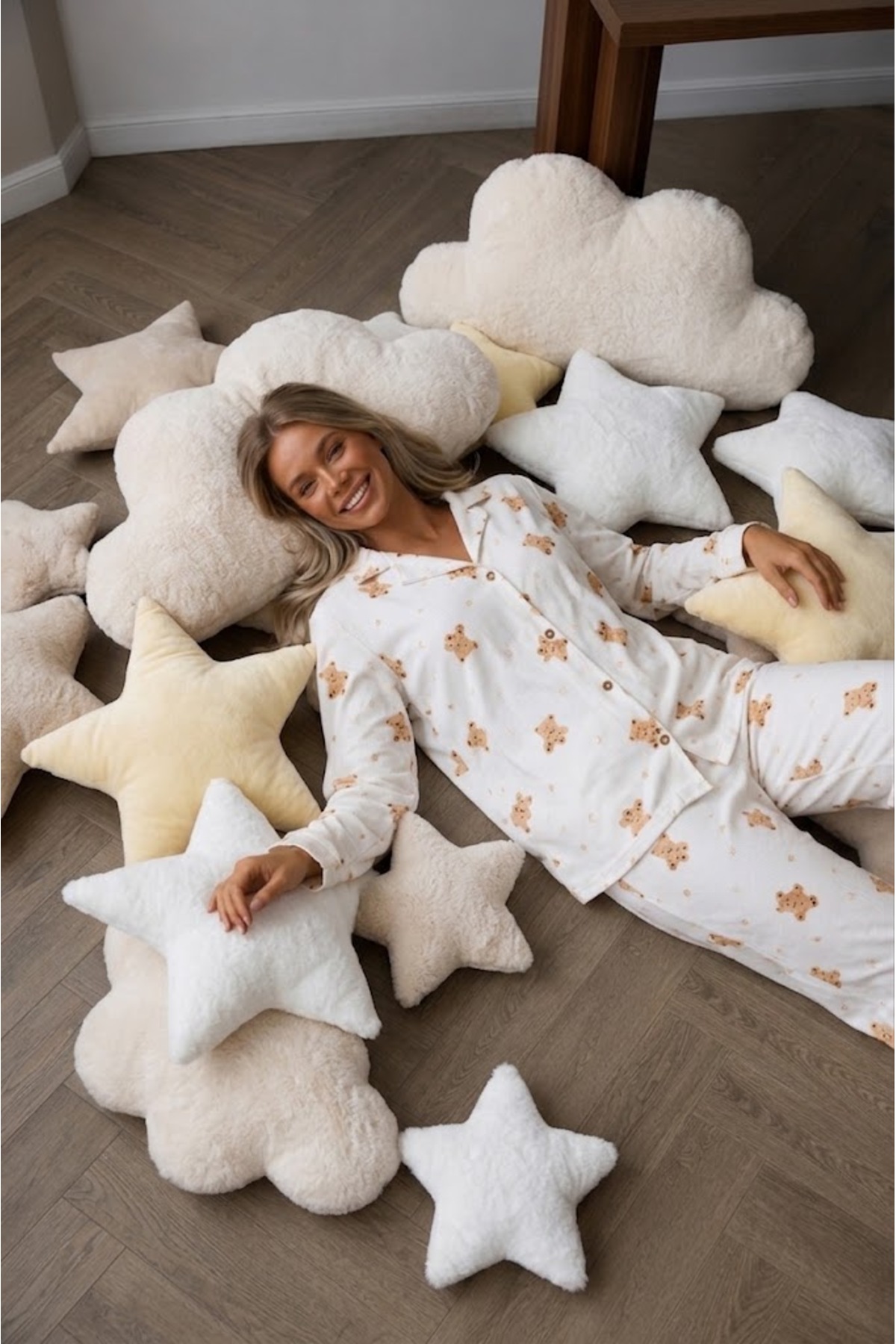 Kadın Düğmeli Uzun Uyku ve Beyaz Pijama Takımı 3