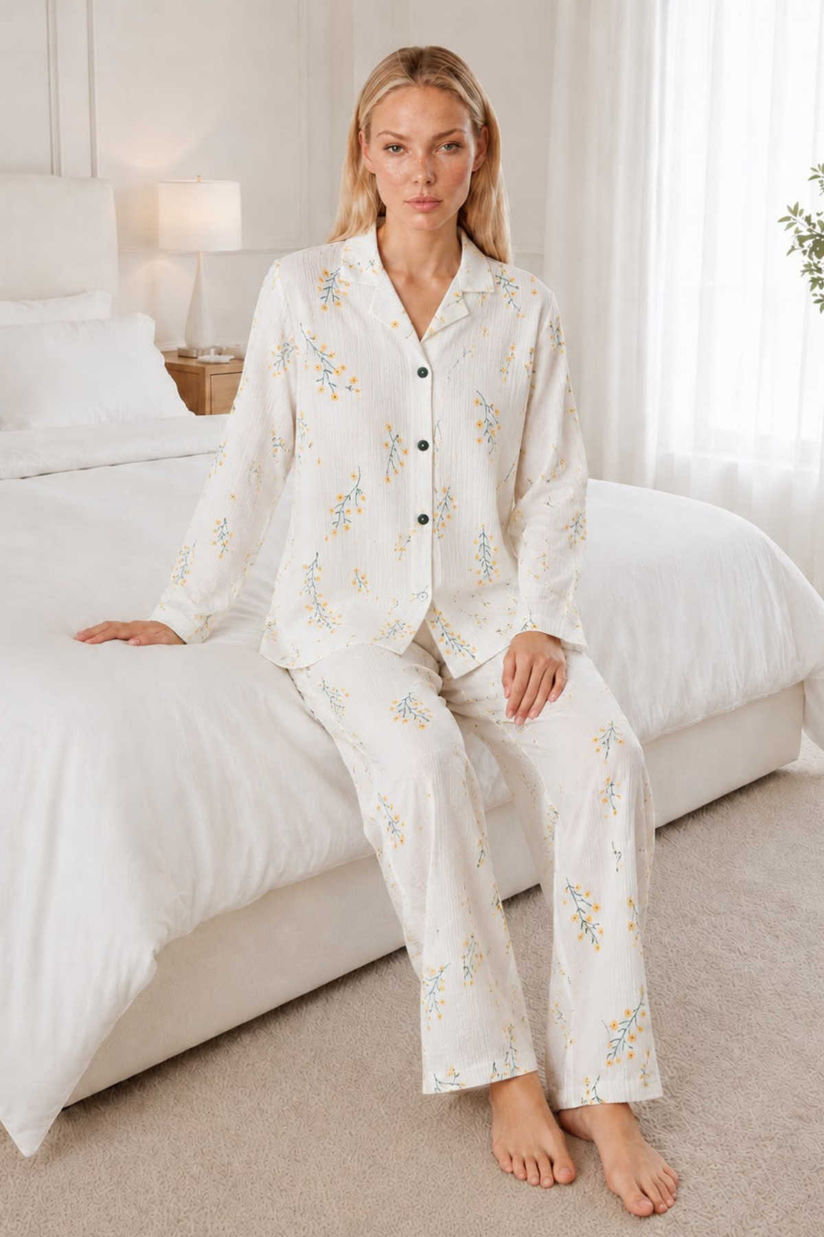 Kadın Desenli Beyaz Pijama Takımı 4674 4