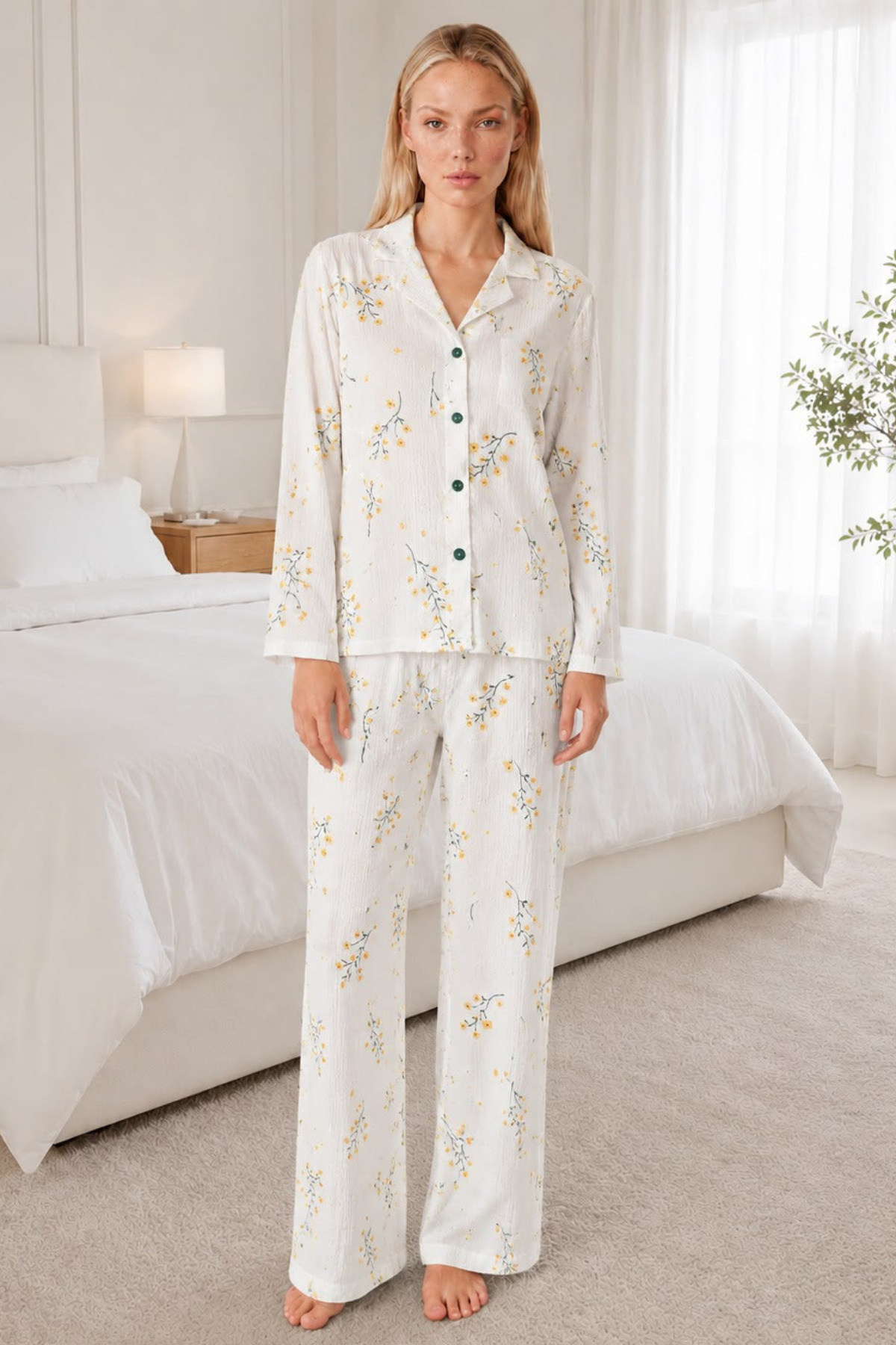 Kadın Desenli Beyaz Pijama Takımı 4674 6