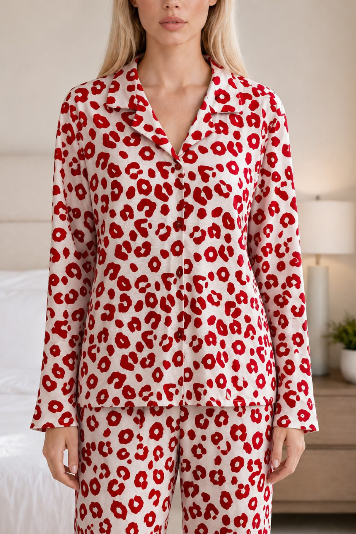 Kadın Desenli Esnek Bol Kırmızı Pijama Takımı 4735 L Kırmızı Kırmızı 5