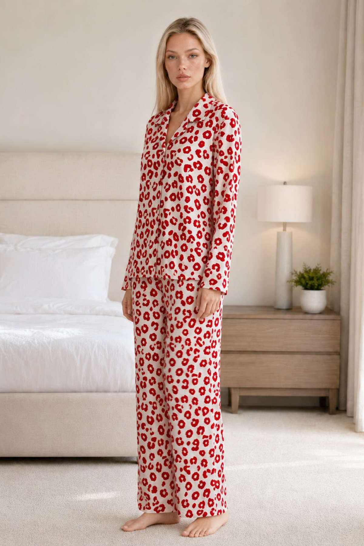 Kadın Desenli Esnek Bol Kırmızı Pijama Takımı 4735 L Kırmızı Kırmızı 4
