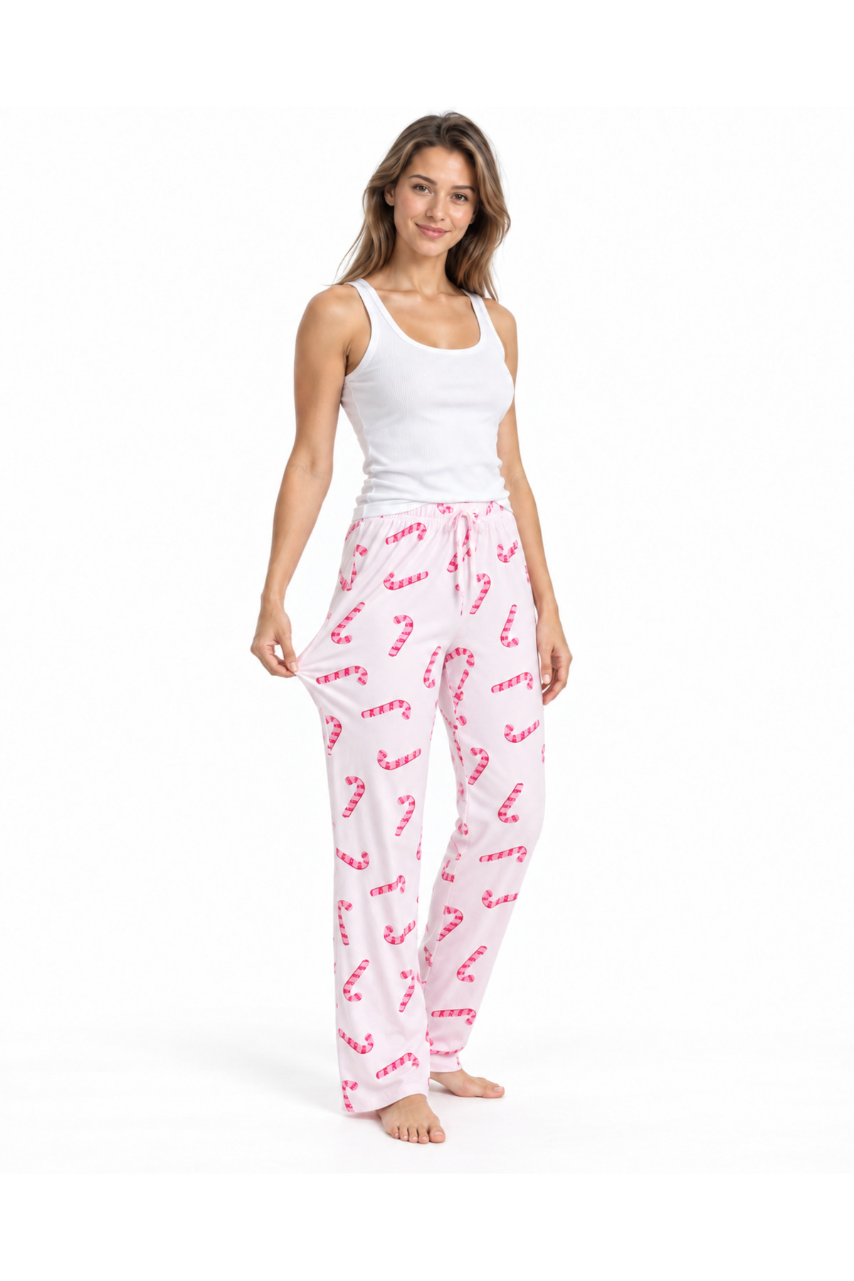 Kadın Çizgili Bluz Desenli Askılı Beyaz Pijama Takımı 4