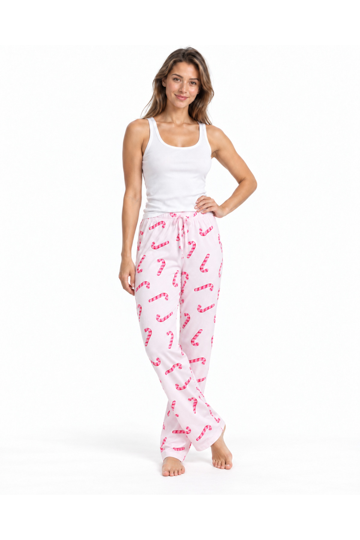 Kadın Çizgili Bluz Desenli Askılı Beyaz Pijama Takımı 5