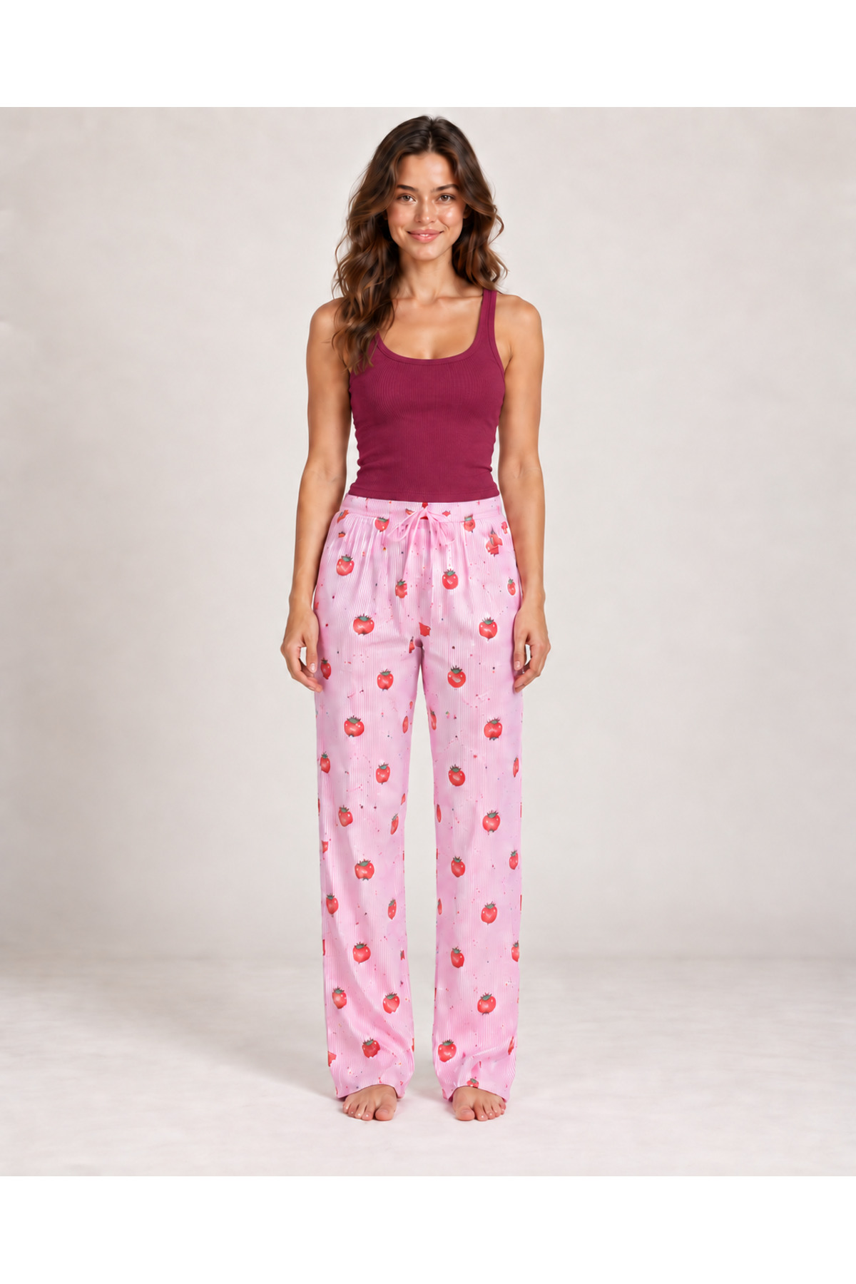 Kadın Çizgili Bluz Desenli Askılı Bordo Pijama Takımı 5